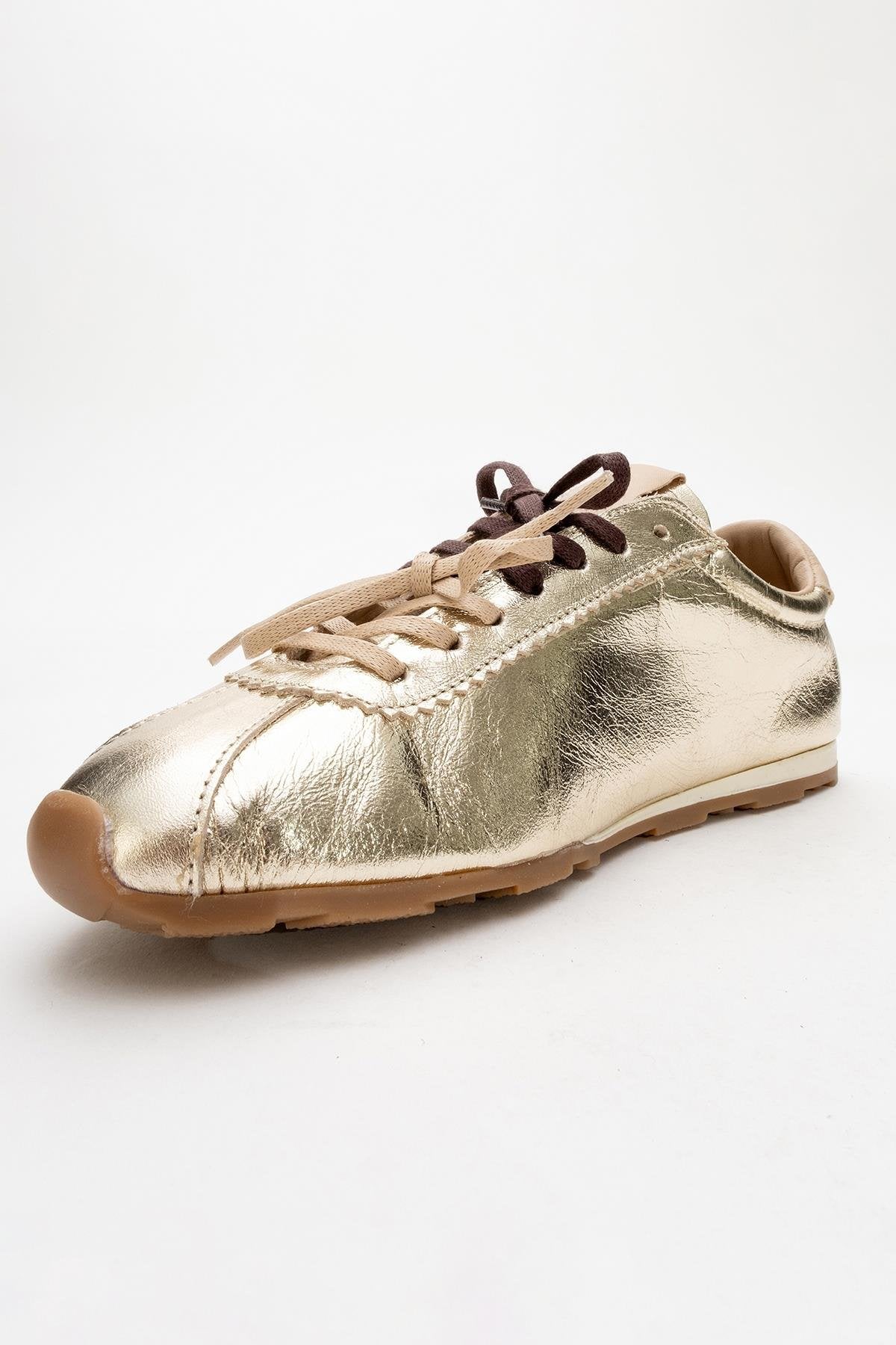 Crea - Gold Leather Sneakers – heel view showing leather, gold, red, Vowalisse