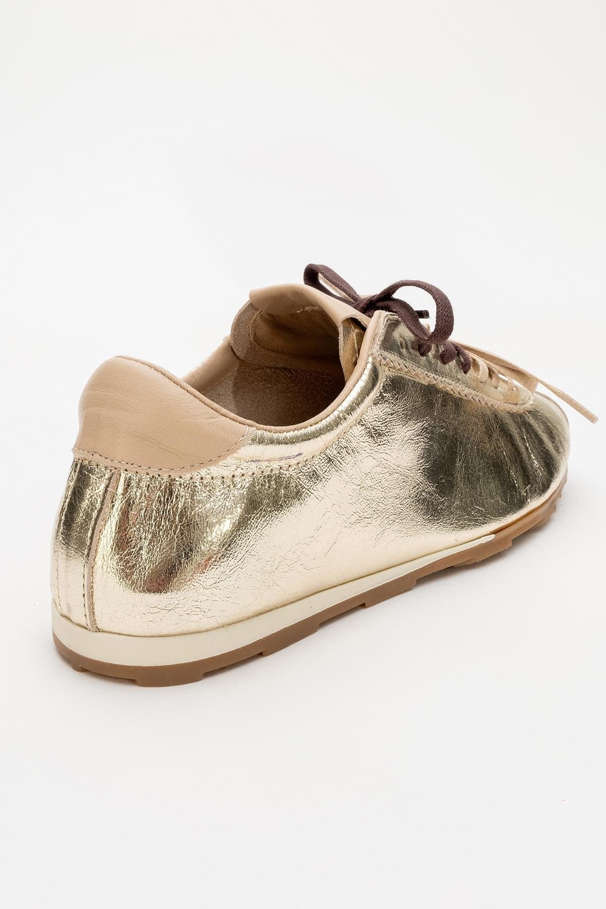 Crea - Gold Leather Sneakers – back view showing leather, gold, red, Vowalisse