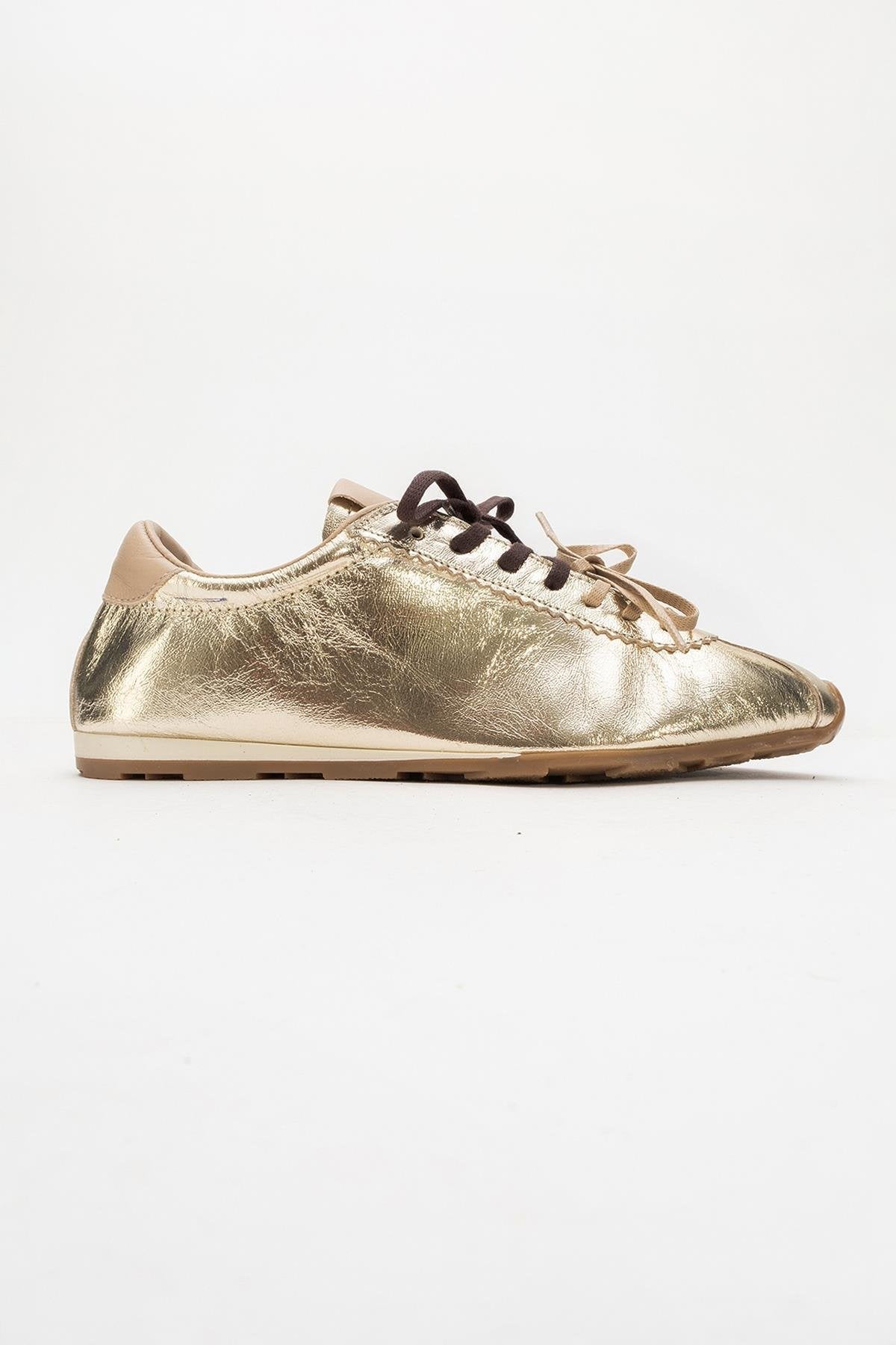 Crea - Gold Leather Sneakers – top view showing leather, gold, red, Vowalisse