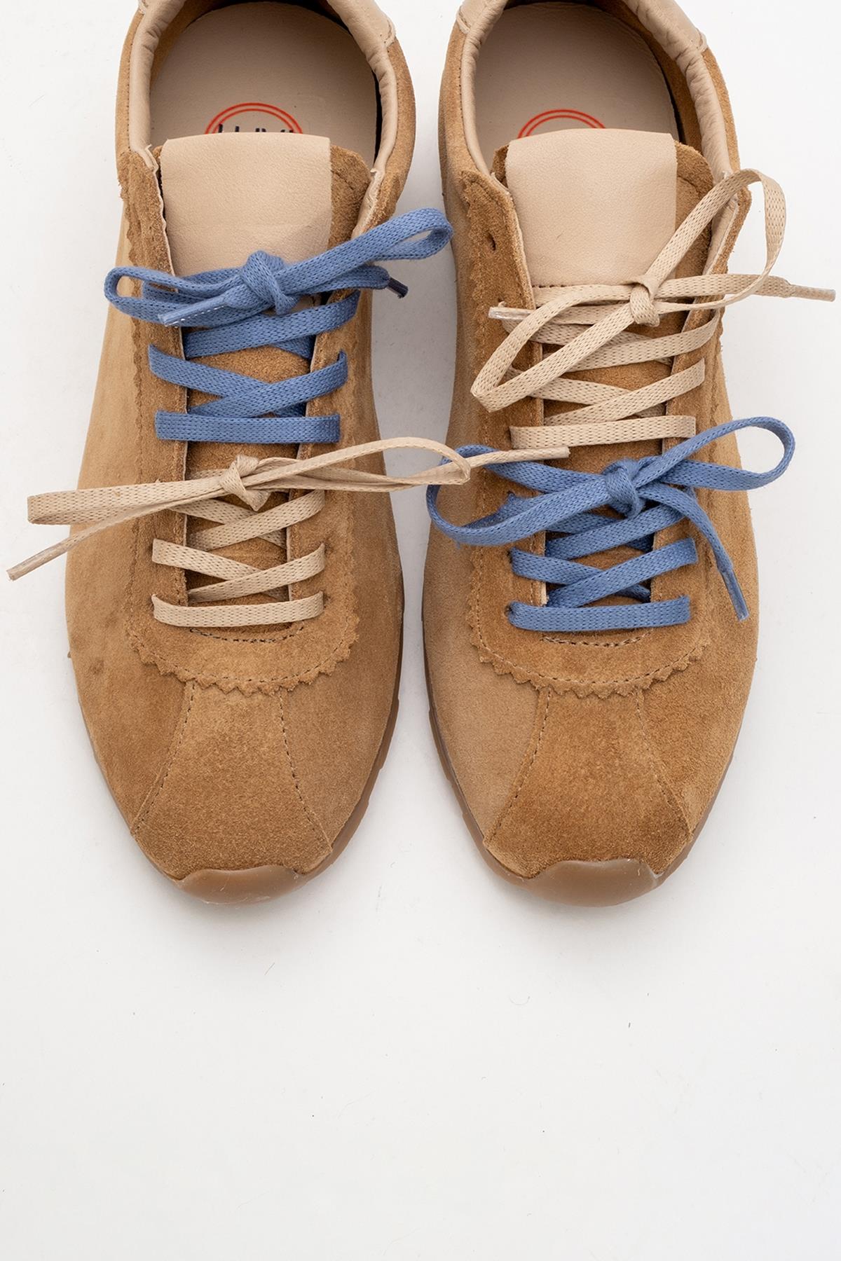 Crea - Cognac Suede Leather Sneakers – detail view showing leather, suede, red, Vowalisse