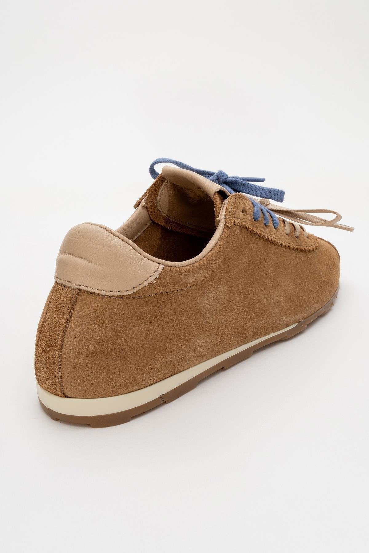 Crea - Cognac Suede Leather Sneakers – back view showing leather, suede, red, Vowalisse