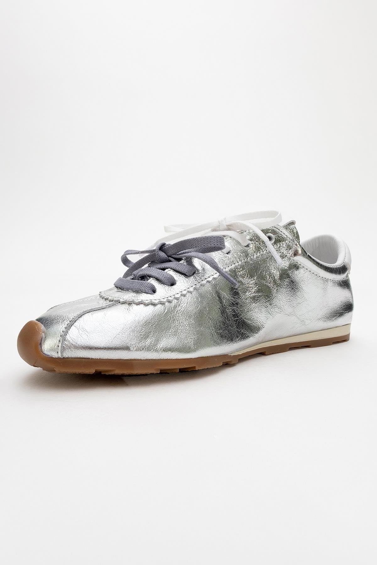 Crea - Silver Leather Sneakers – heel view showing leather, silver, red, Vowalisse