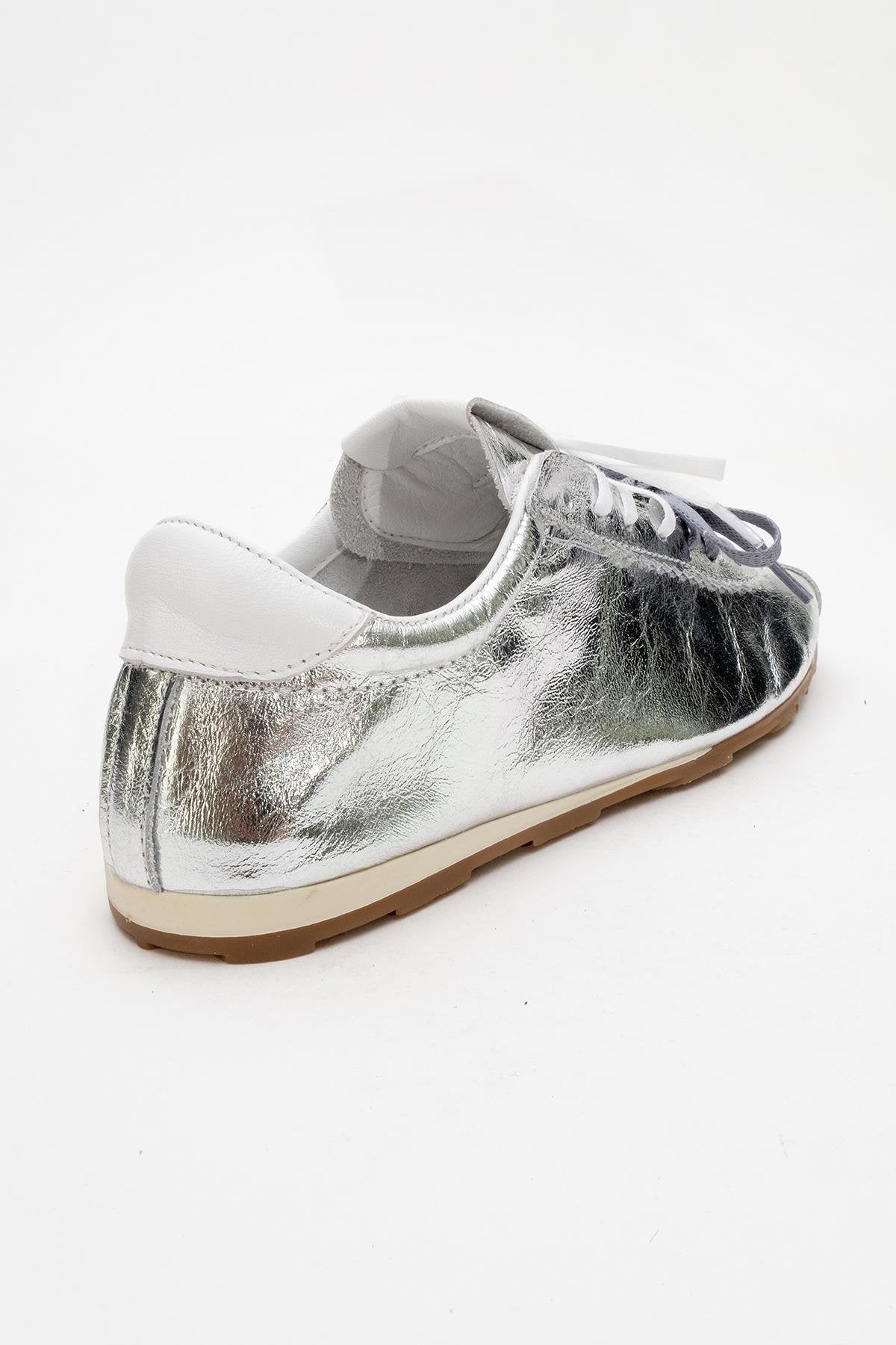 Crea - Silver Leather Sneakers – back view showing leather, silver, red, Vowalisse