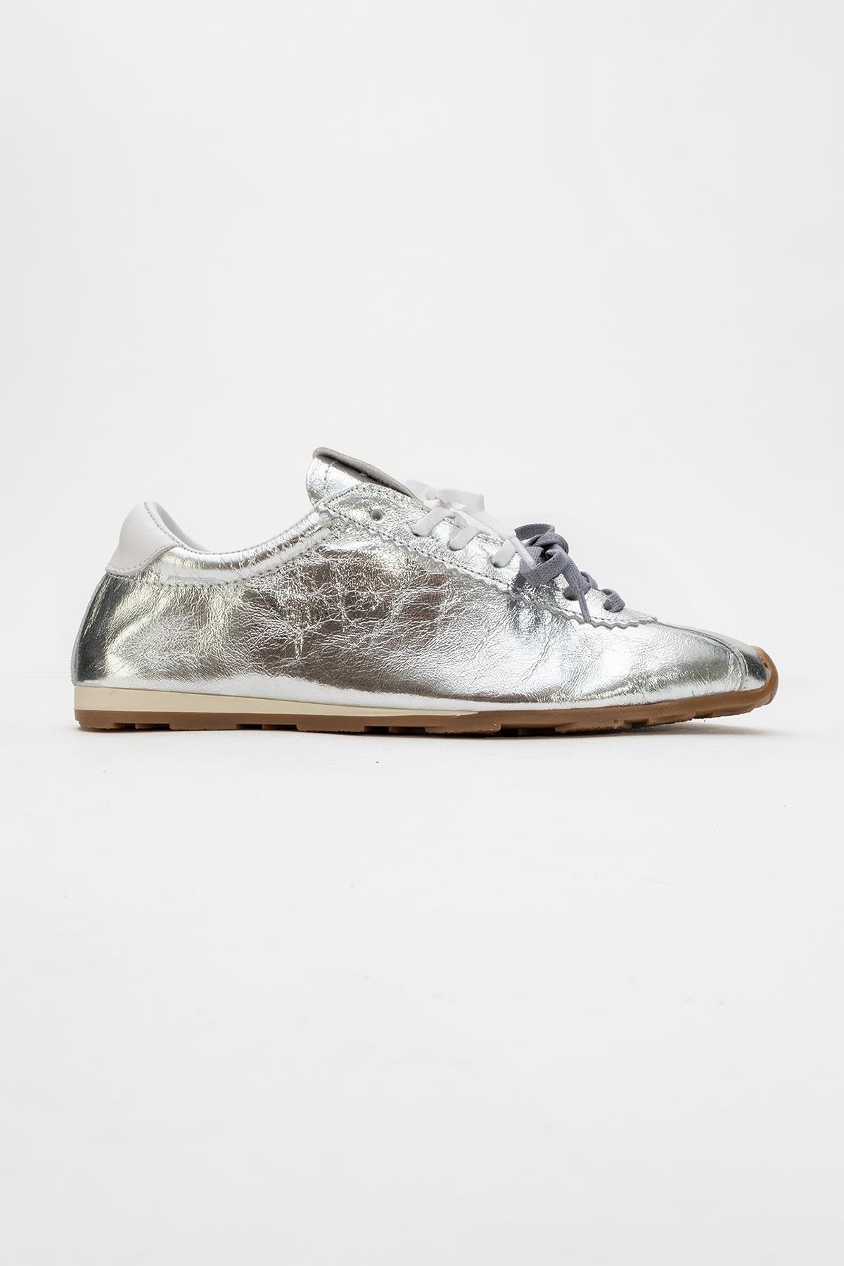 Crea - Silver Leather Sneakers – top view showing leather, silver, red, Vowalisse