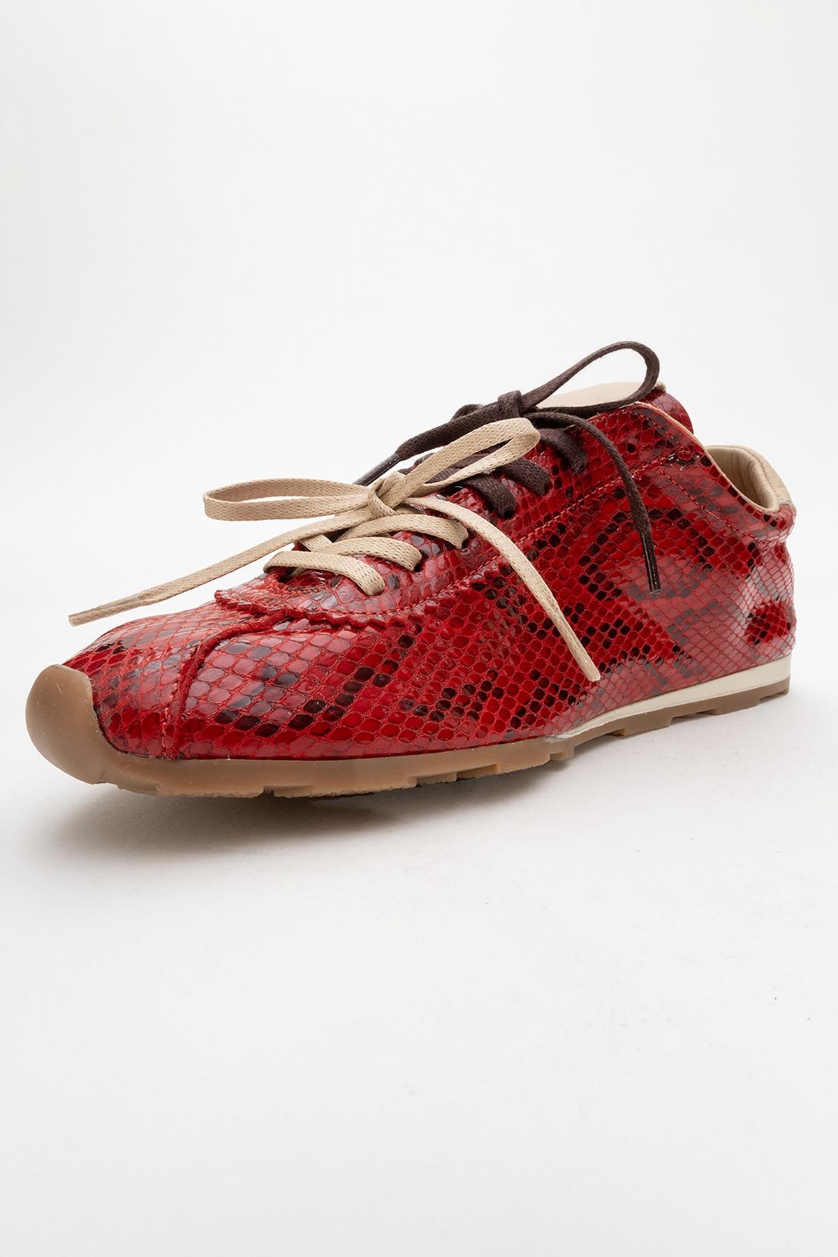 Crea - Red Leather Sneakers – heel view showing leather, red, Vowalisse
