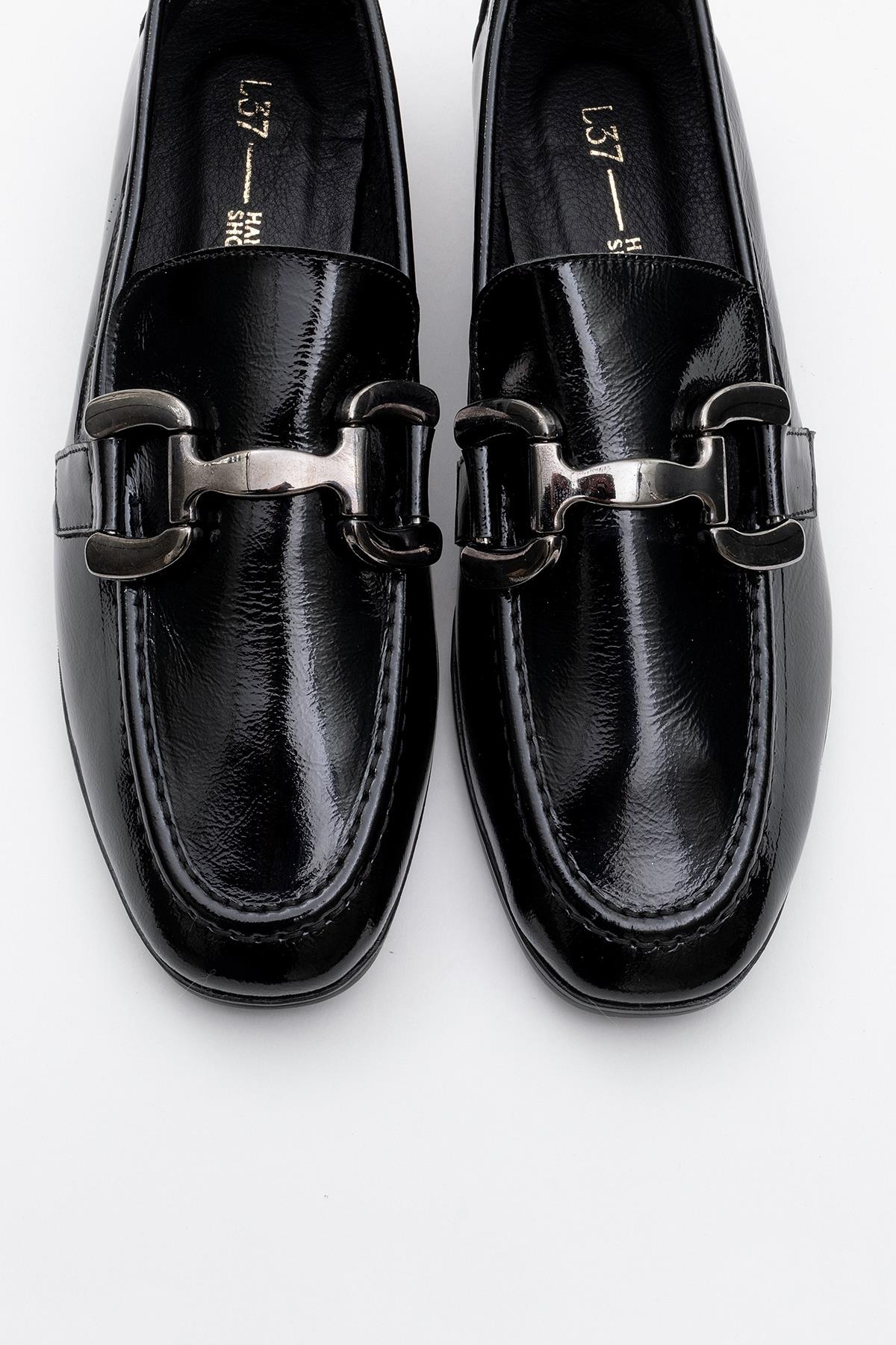 Rous - Black Patent Leather Bit Loafers – side view showing leather, black, red, Vowalisse