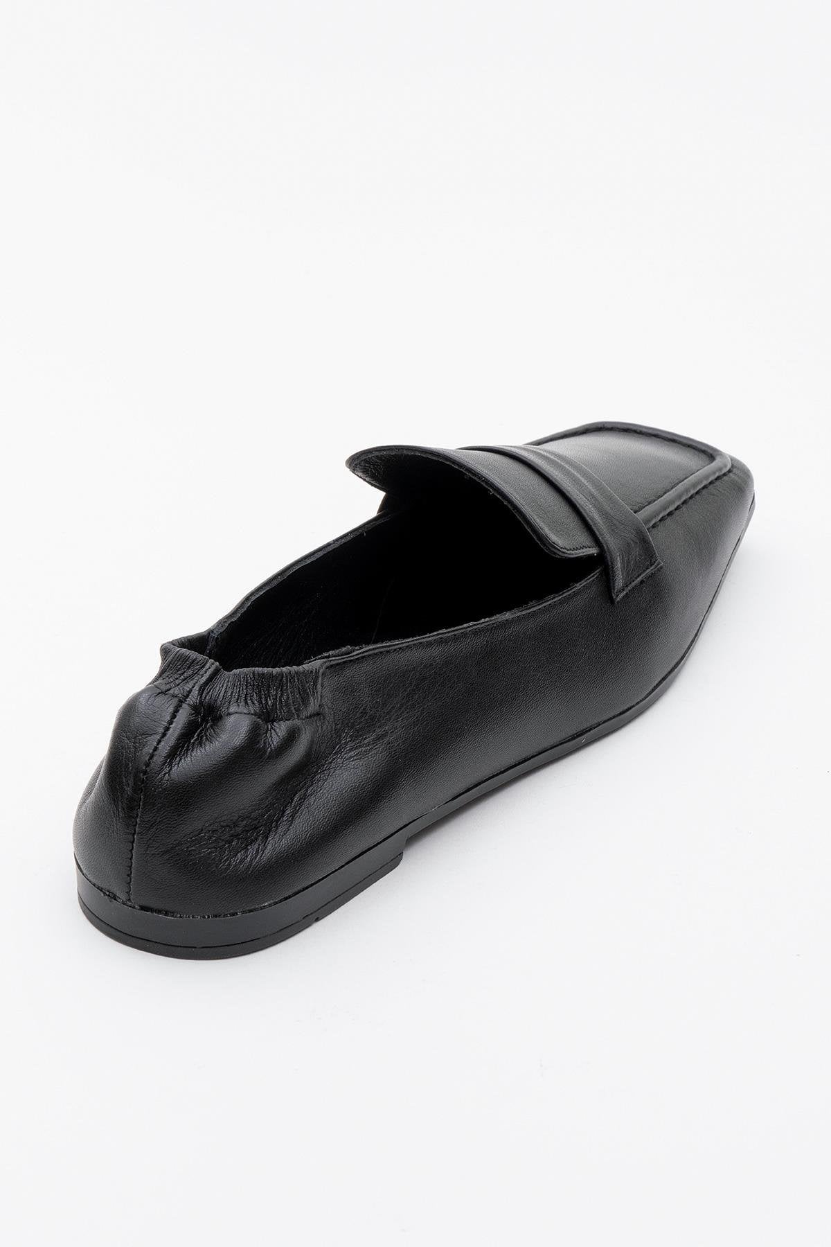 Liepa - Black Leather Loafers – heel view showing leather, black, Vowalisse