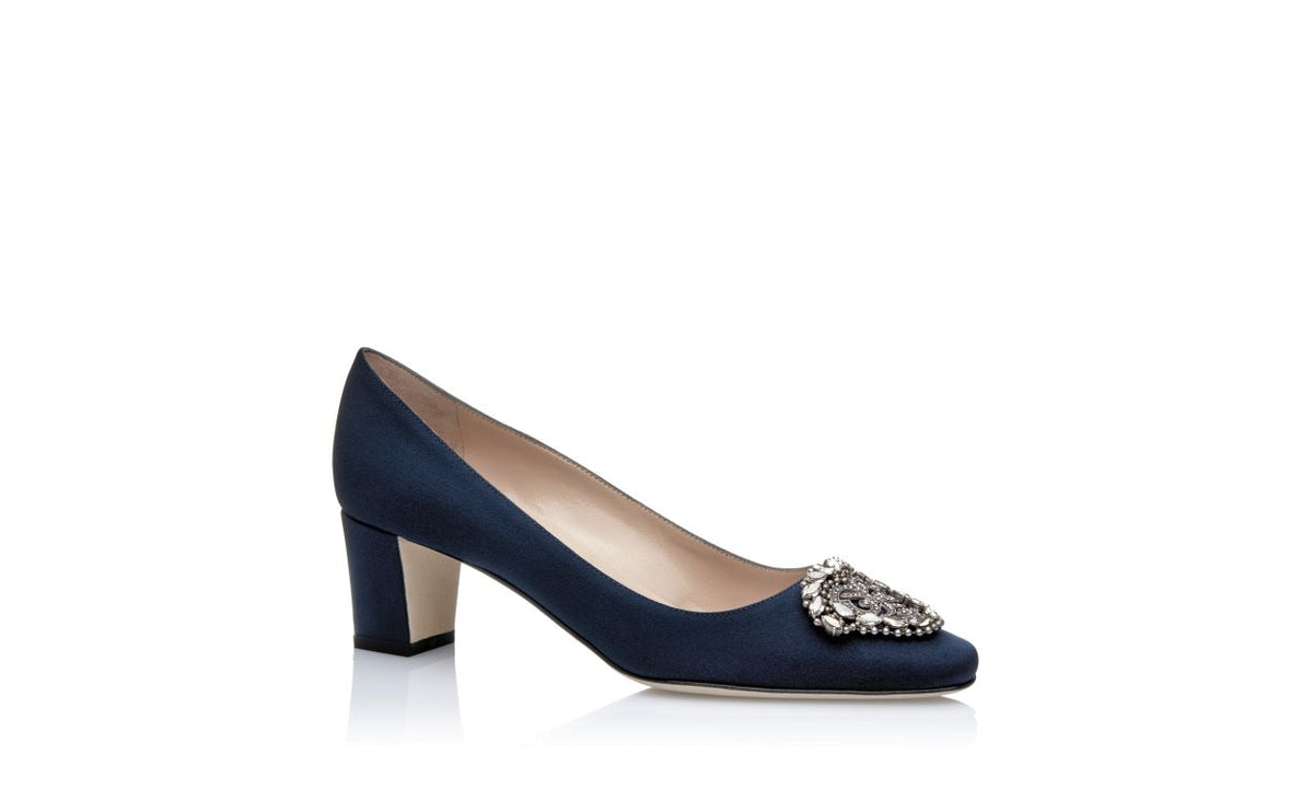 Celeste Élan Blue Jewel Buckle Pumps – top view showing blue jewel buckle, crystal buckle, almond toe, Vowalisse