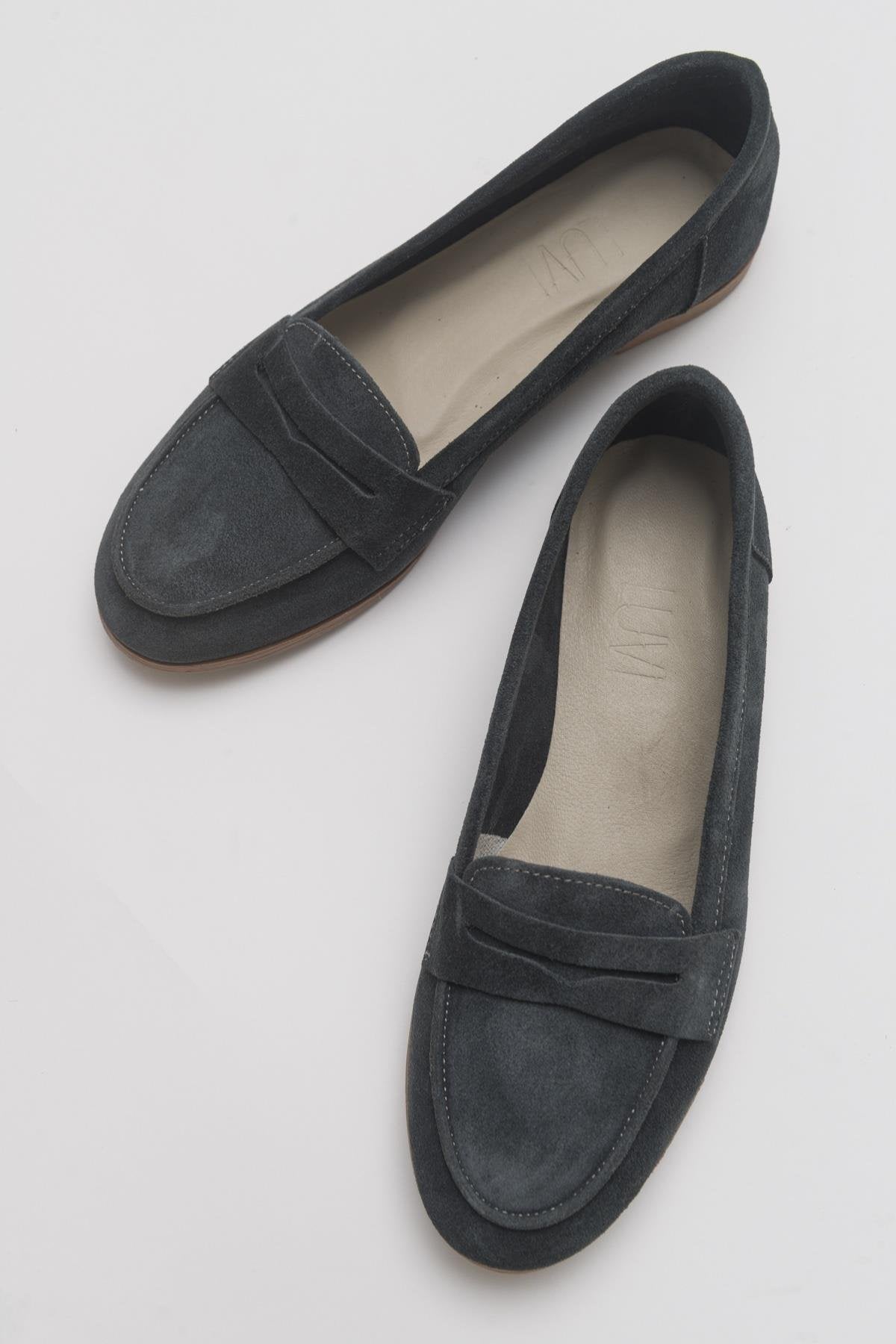 Dorothy - Dark Charcoal Suede Leather Loafers – front three-quarter view showing leather, suede, Vowalisse