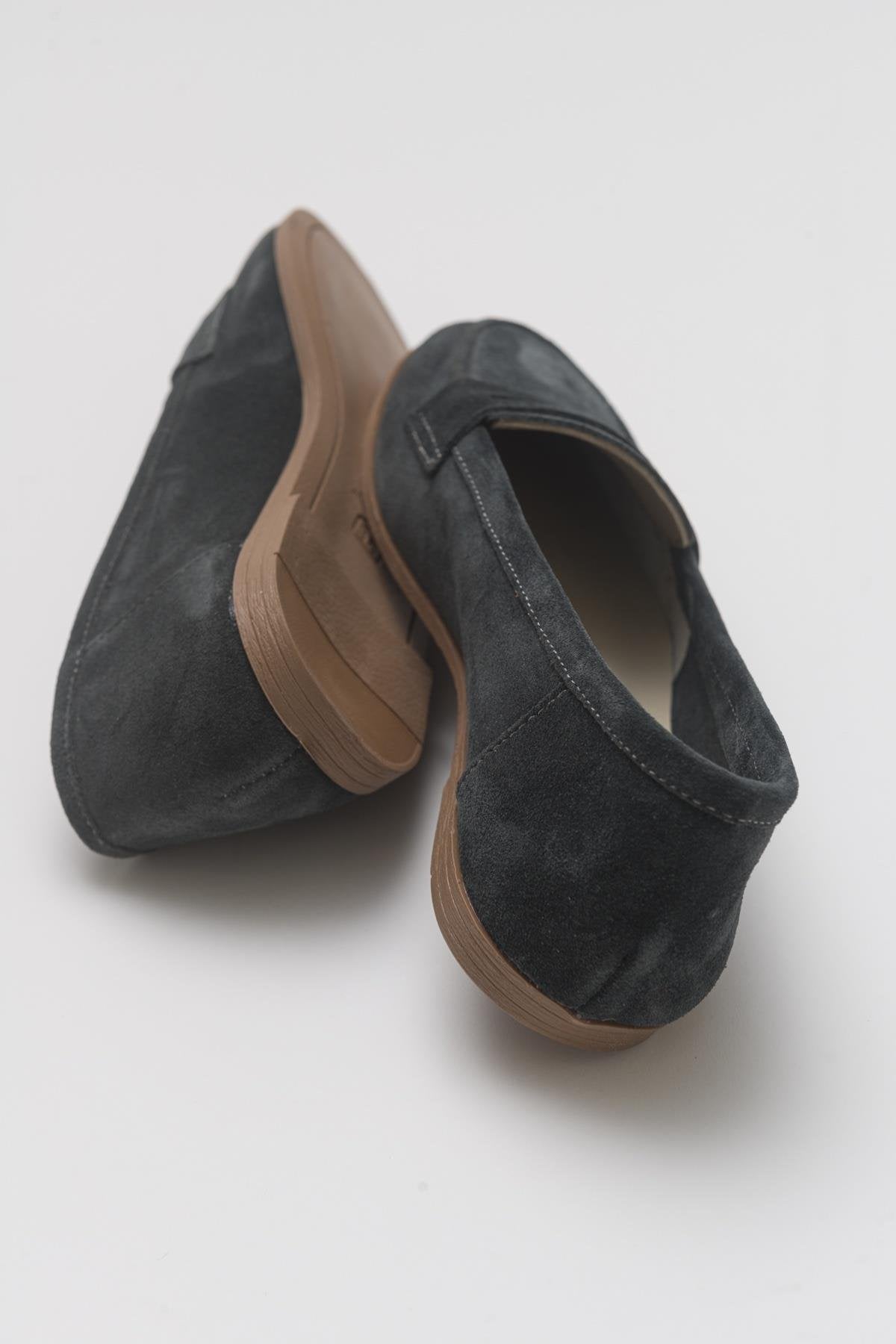 Dorothy - Dark Charcoal Suede Leather Loafers – detail view showing leather, suede, Vowalisse