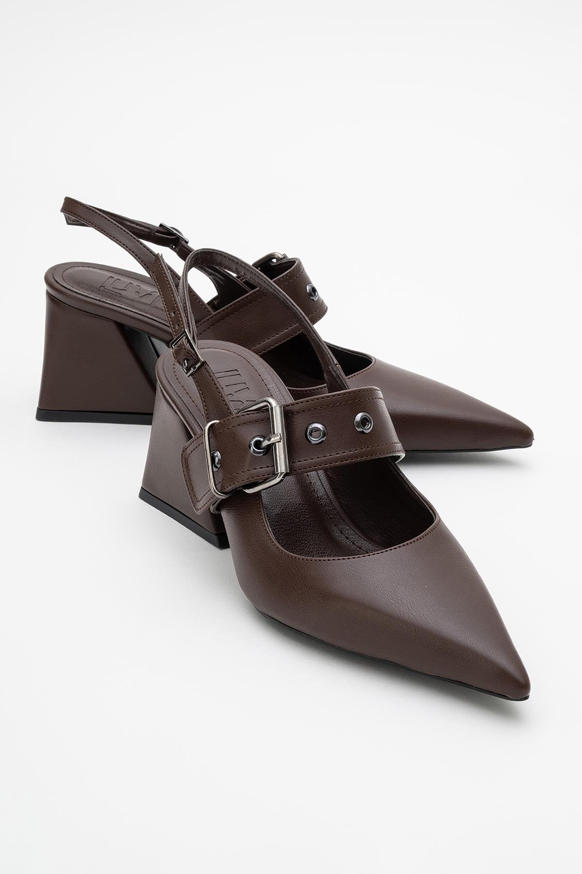 Nepido - Cognac Pointed Toe Backless Block Heel Shoe – front three-quarter view showing leather, Vowalisse