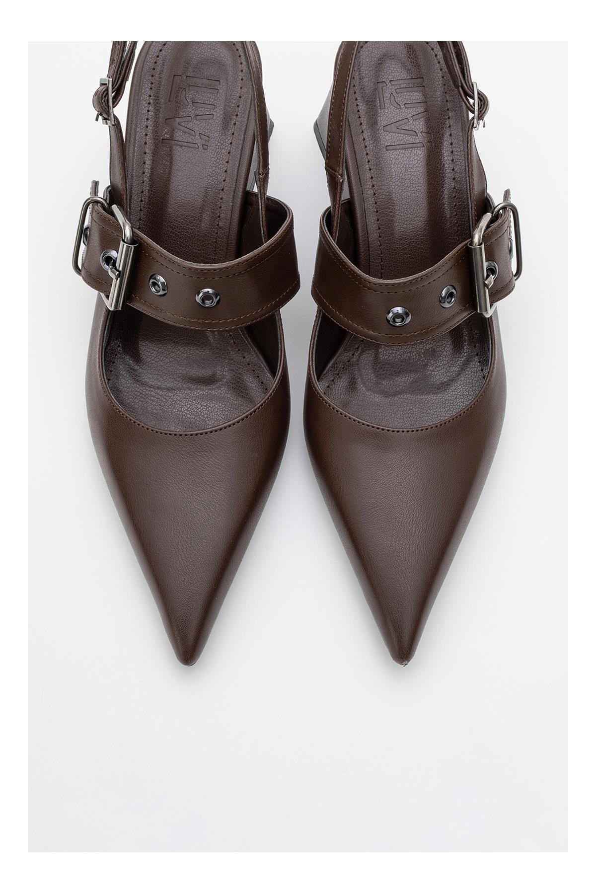 Nepido - Cognac Pointed Toe Backless Block Heel Shoe – side view showing leather, Vowalisse