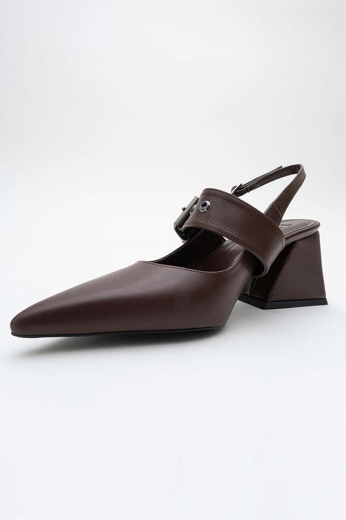 Nepido - Cognac Pointed Toe Backless Block Heel Shoe – detail view showing leather, Vowalisse