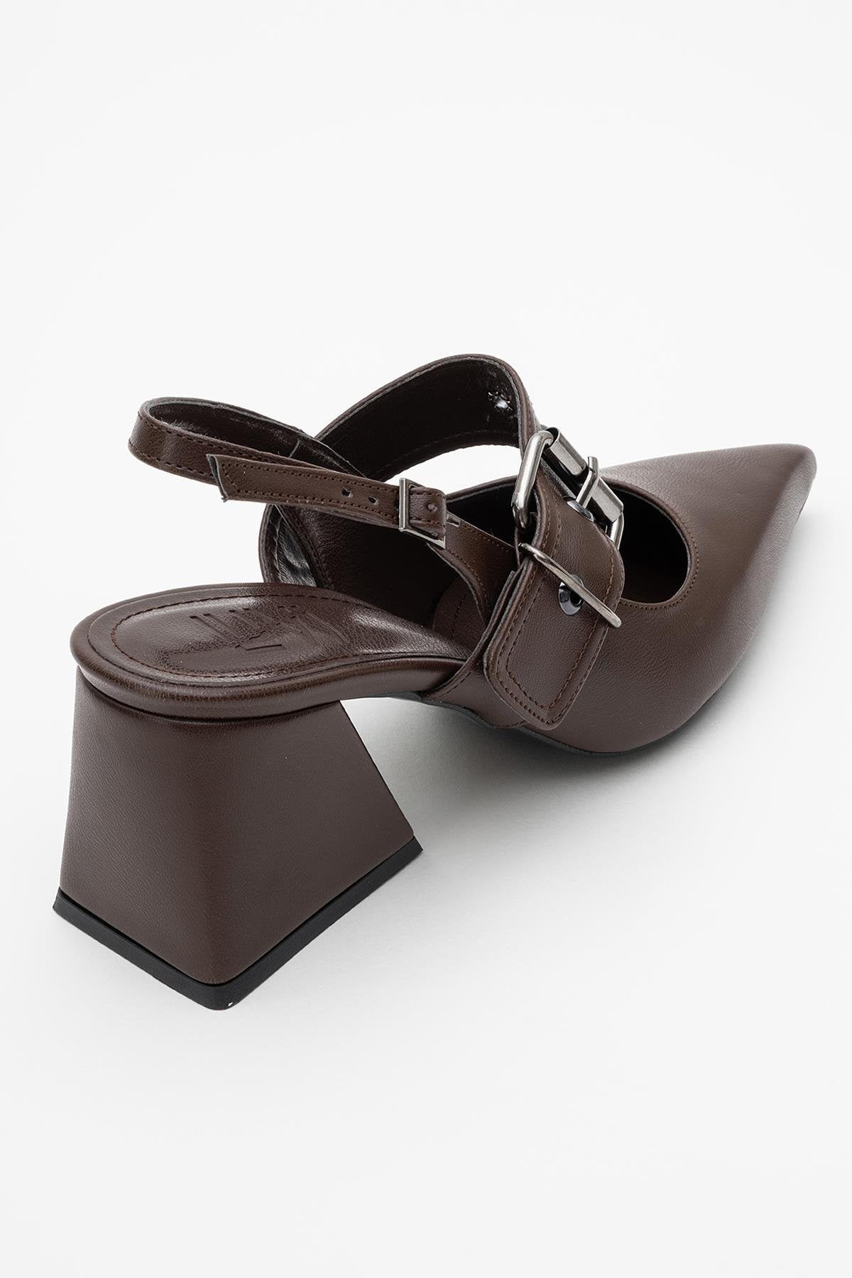 Nepido - Cognac Pointed Toe Backless Block Heel Shoe – heel view showing leather, Vowalisse