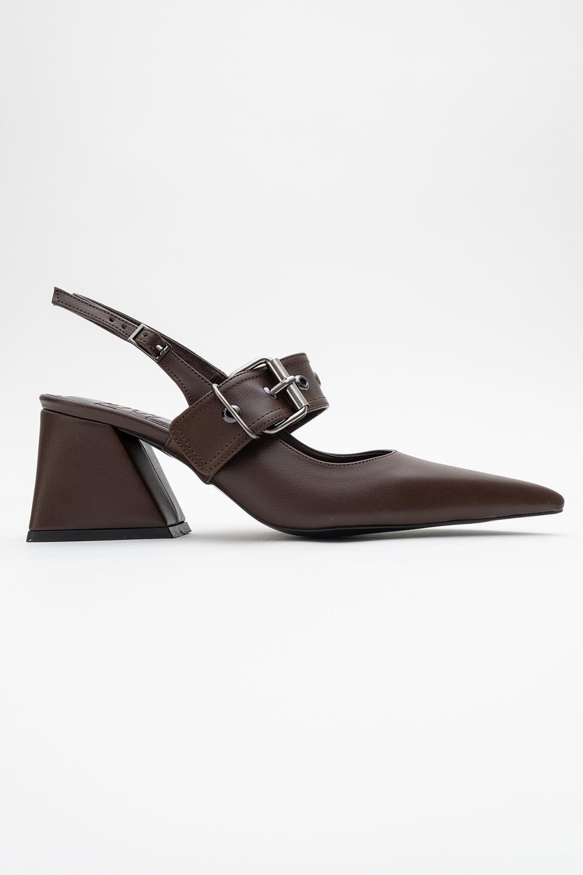 Nepido - Cognac Pointed Toe Backless Block Heel Shoe – back view showing leather, Vowalisse