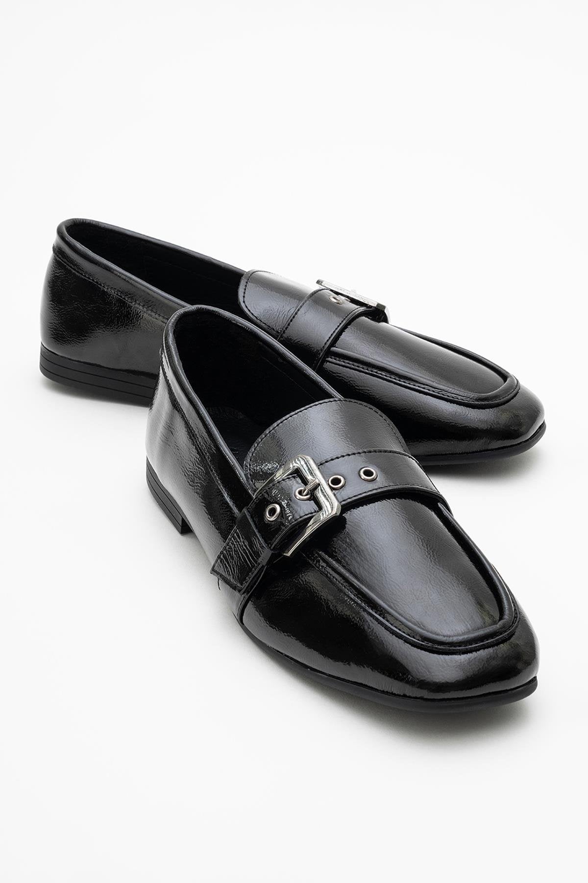 Clarion - Black Patent Leather Loafers – front three-quarter view showing leather, black, red, Vowalisse