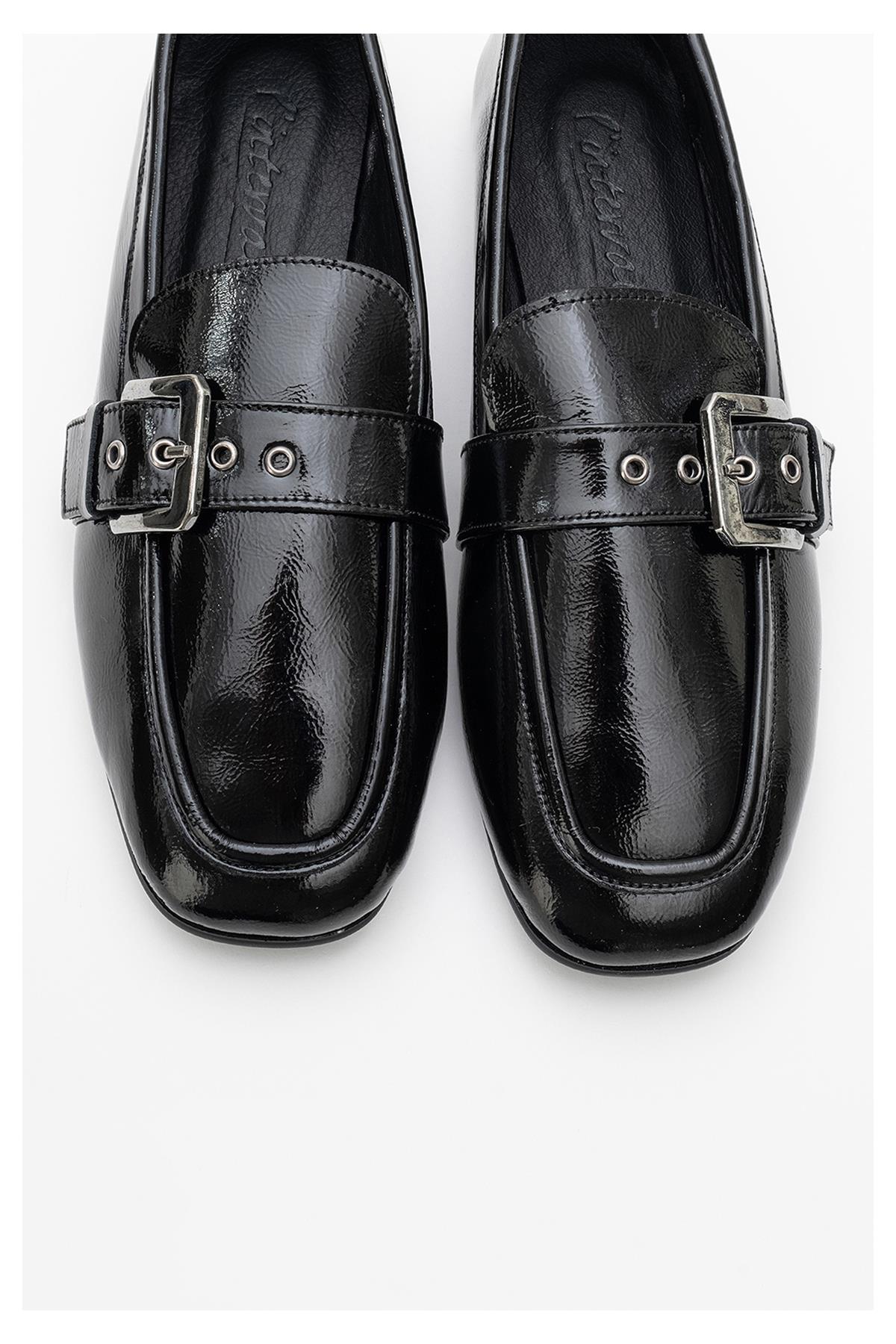Clarion - Black Patent Leather Loafers – side view showing leather, black, red, Vowalisse