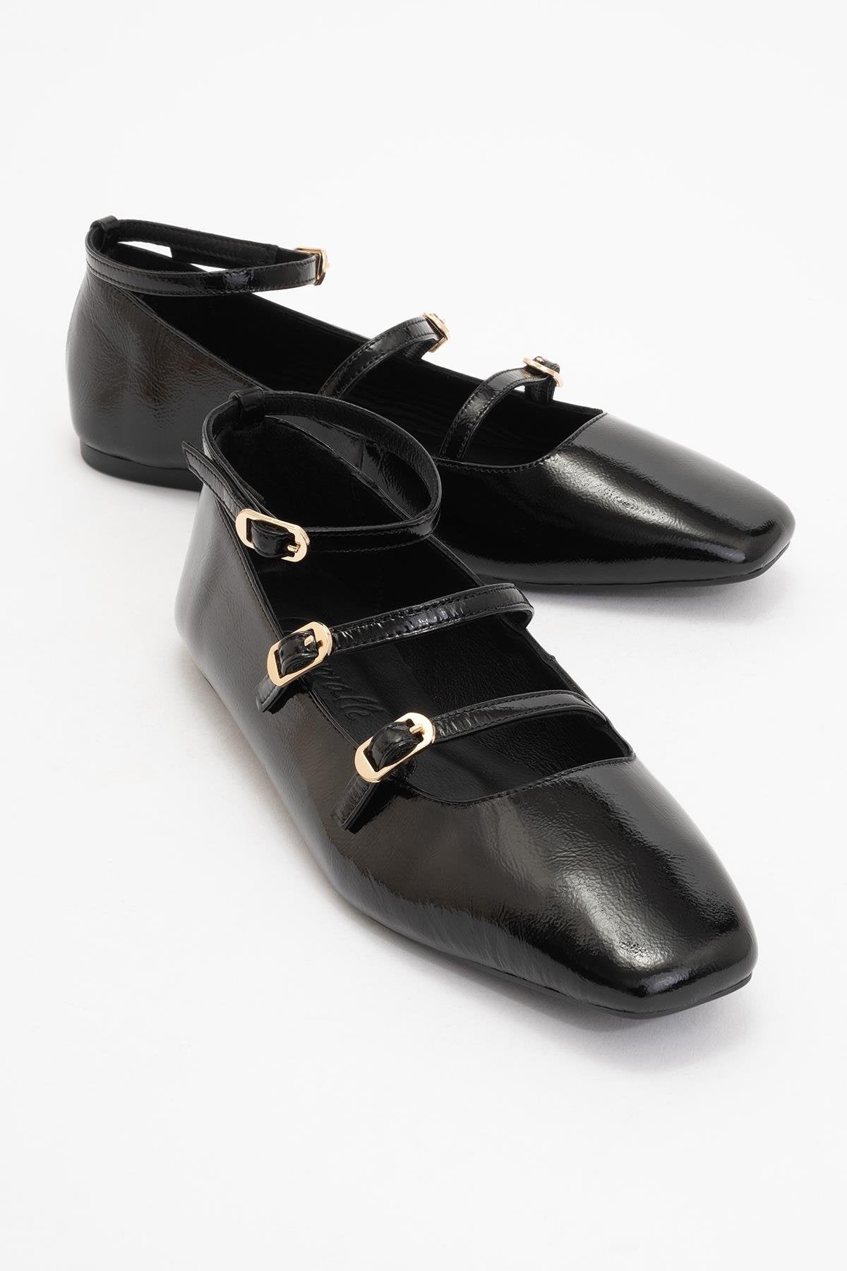 Serena - Black Patent Leather Mary Jane Flats – front three-quarter view showing leather, suede, black, Vowalisse