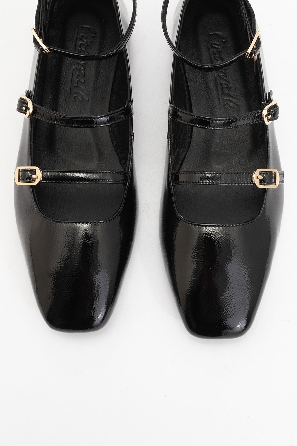 Serena - Black Patent Leather Mary Jane Flats – side view showing leather, suede, black, Vowalisse
