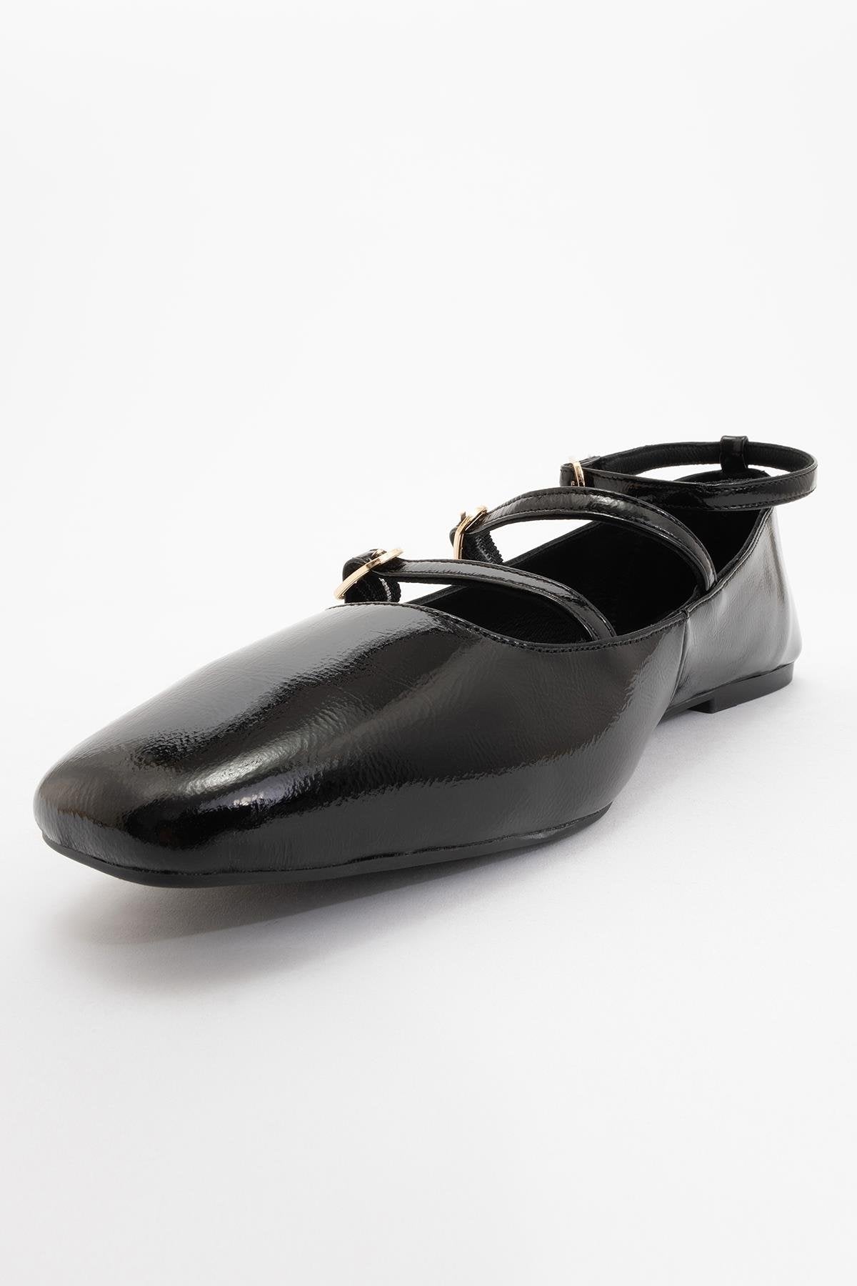 Serena - Black Patent Leather Mary Jane Flats – detail view showing leather, suede, black, Vowalisse