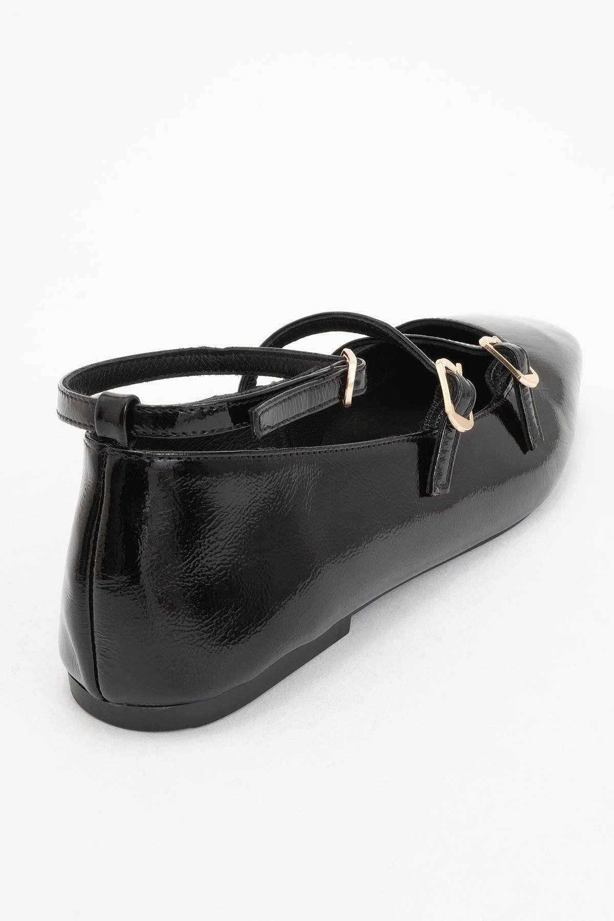 Serena - Black Patent Leather Mary Jane Flats – heel view showing leather, suede, black, Vowalisse