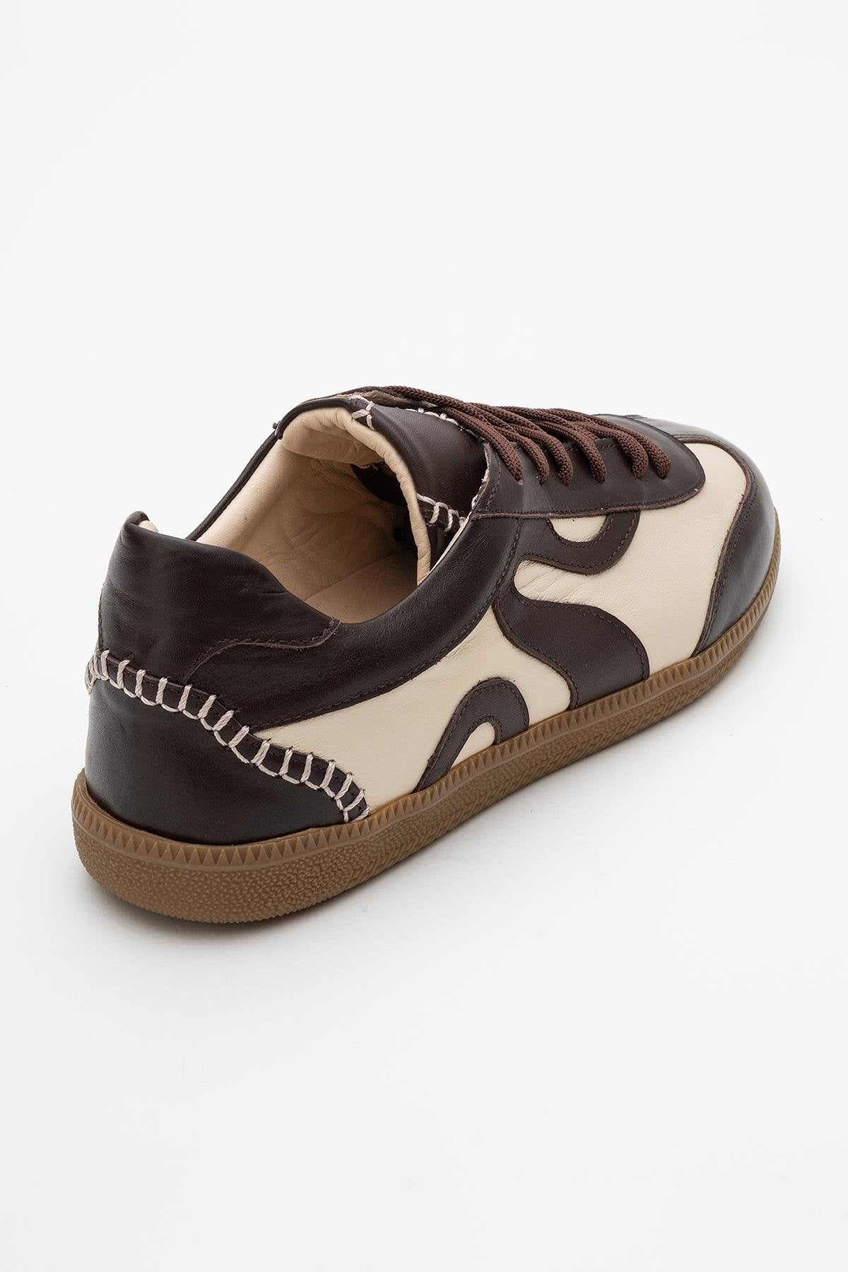 Perry - Brown Leather Sneakers – heel view showing leather, Vowalisse