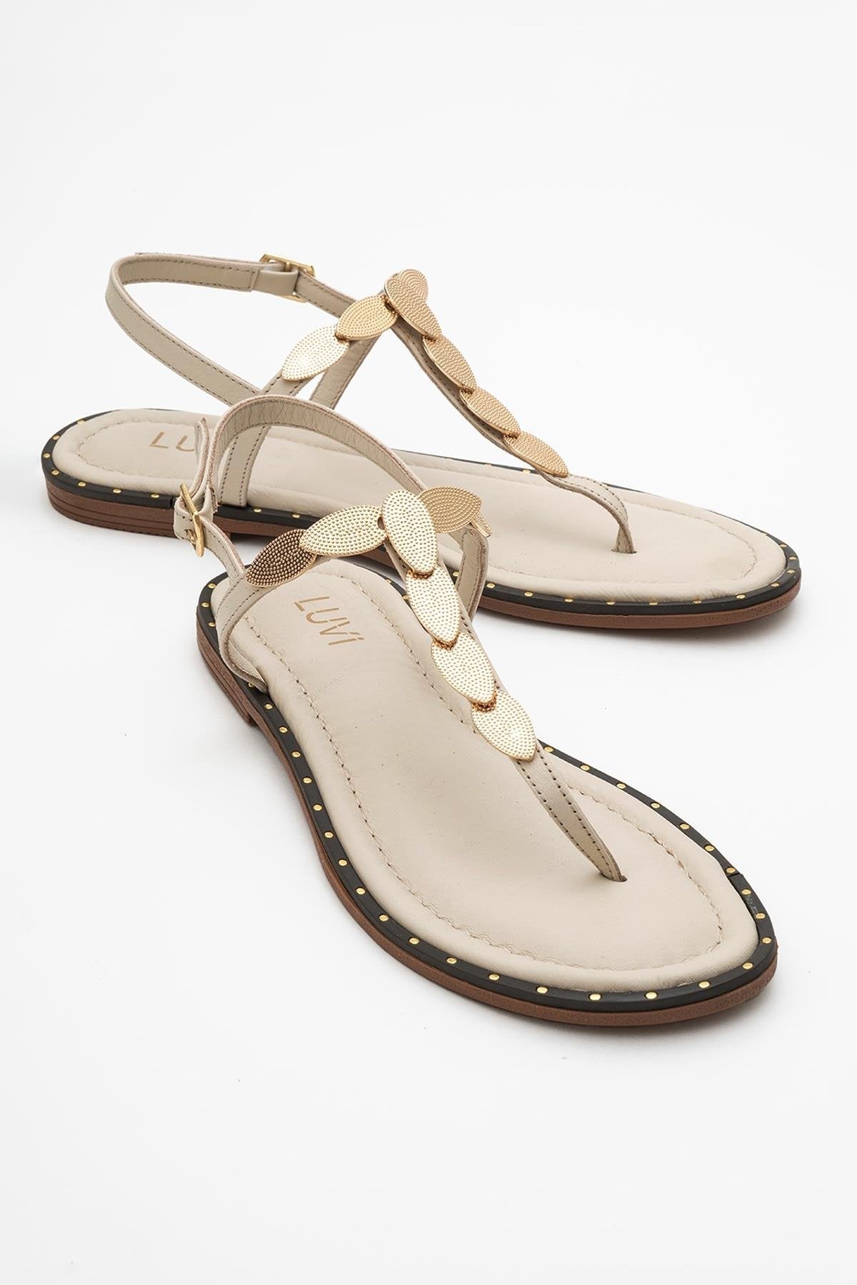 Marea - Beige Leather Flat Sandal – front three-quarter view showing leather, Vowalisse