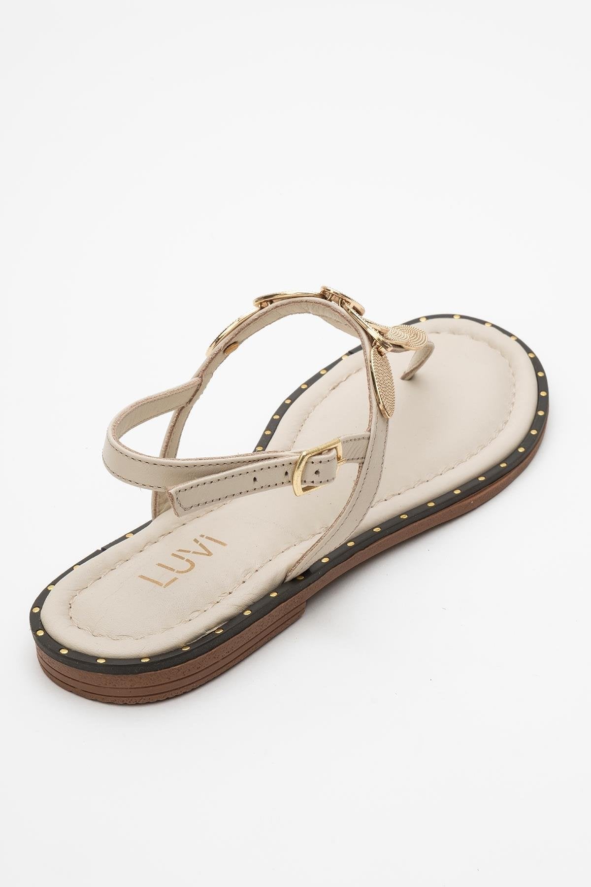 Marea - Beige Leather Flat Sandal – heel view showing leather, Vowalisse