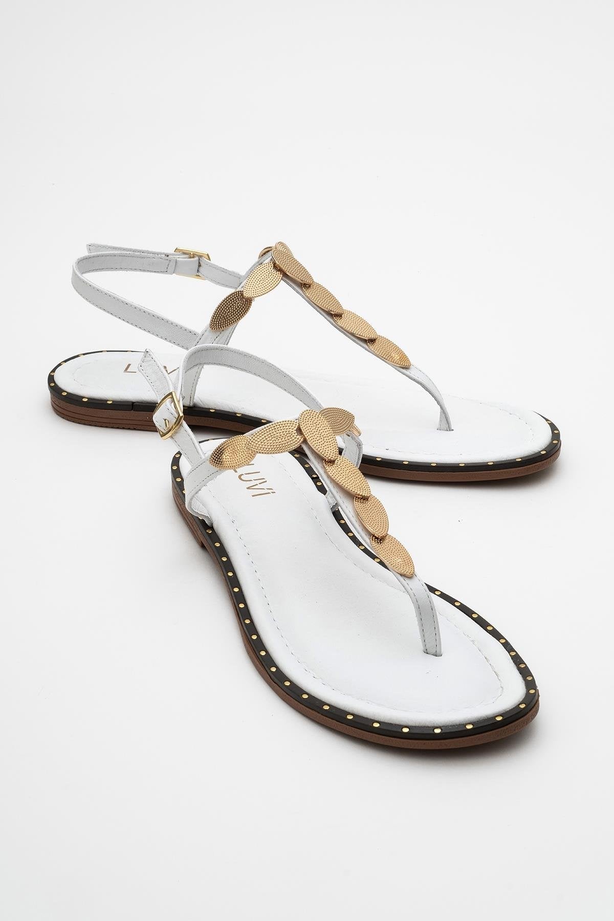 Marea - White Leather Flat Sandal – front three-quarter view showing leather, white, Vowalisse