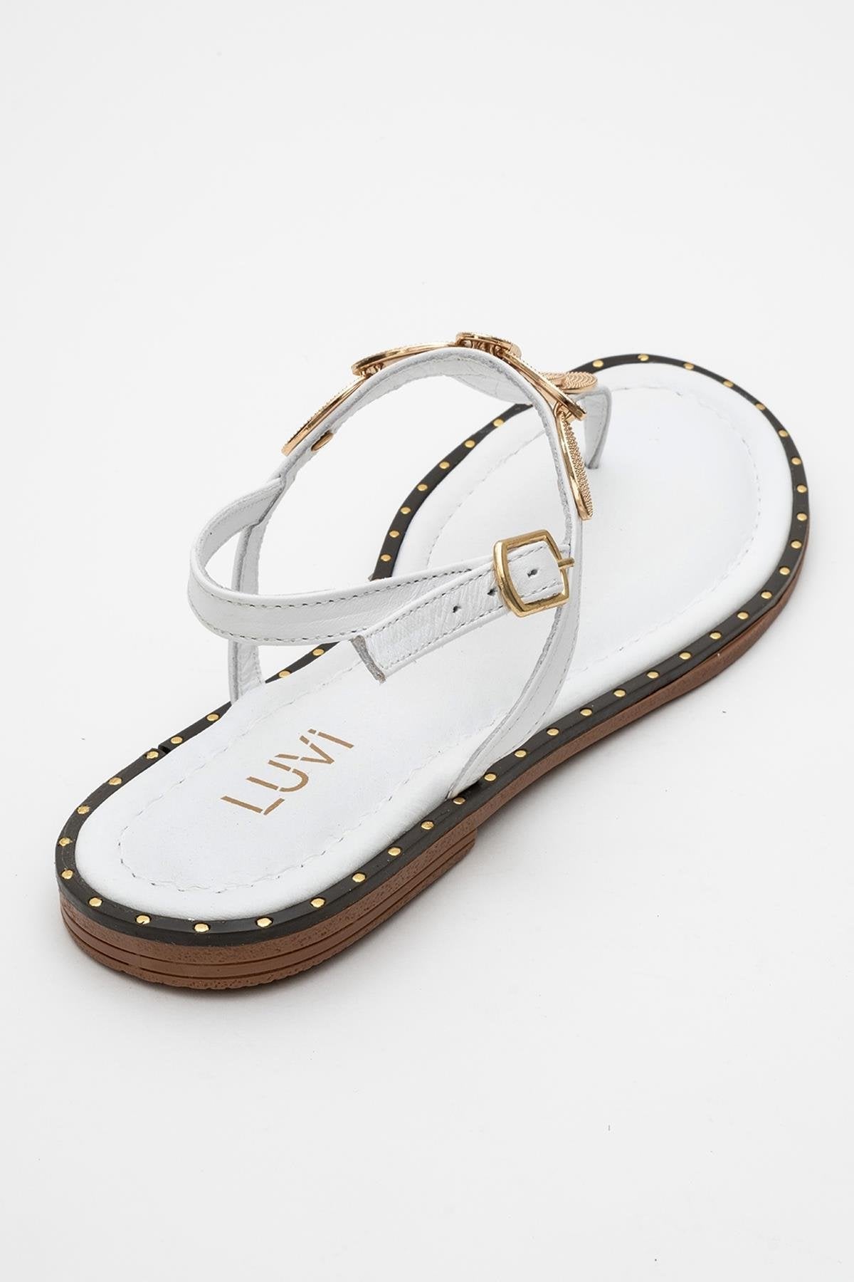 Marea - White Leather Flat Sandal – heel view showing leather, white, Vowalisse