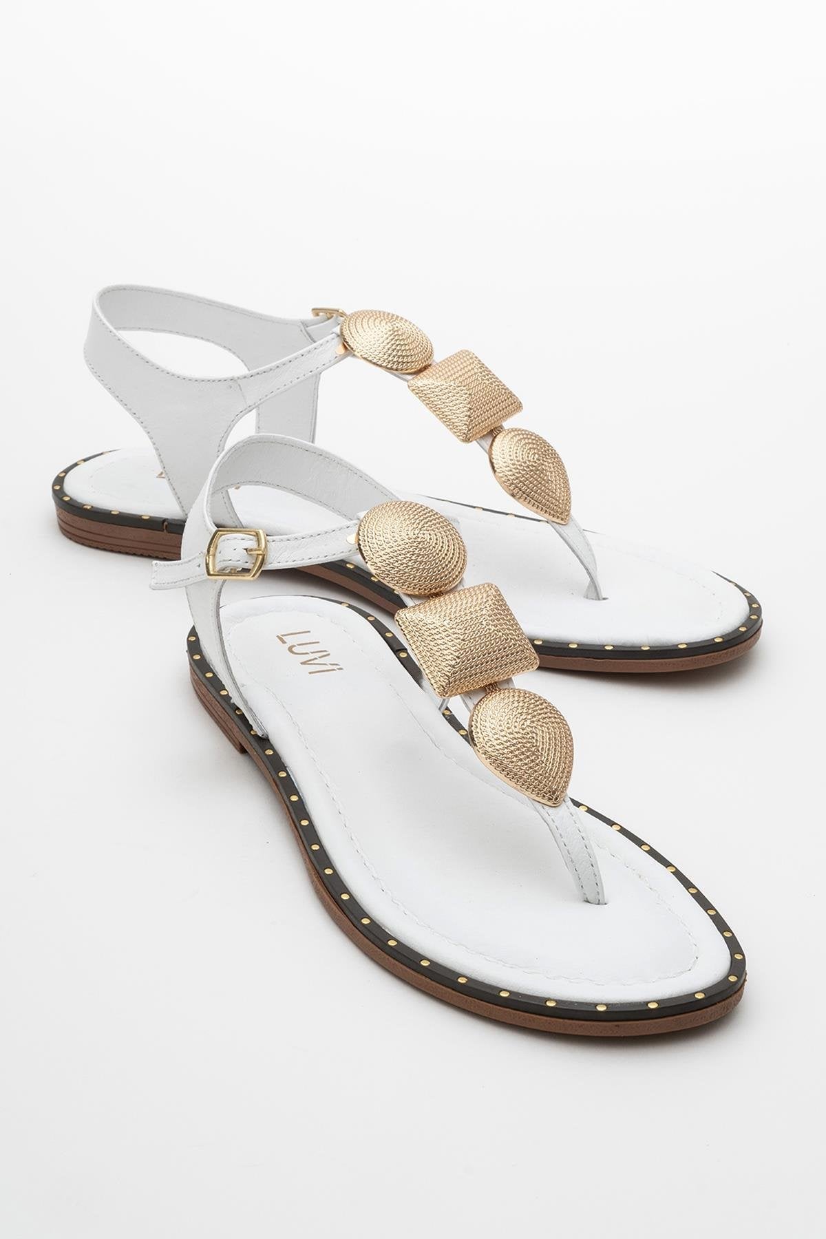 Giulia - White Leather Flat Sandal – front three-quarter view showing leather, white, gold, Vowalisse