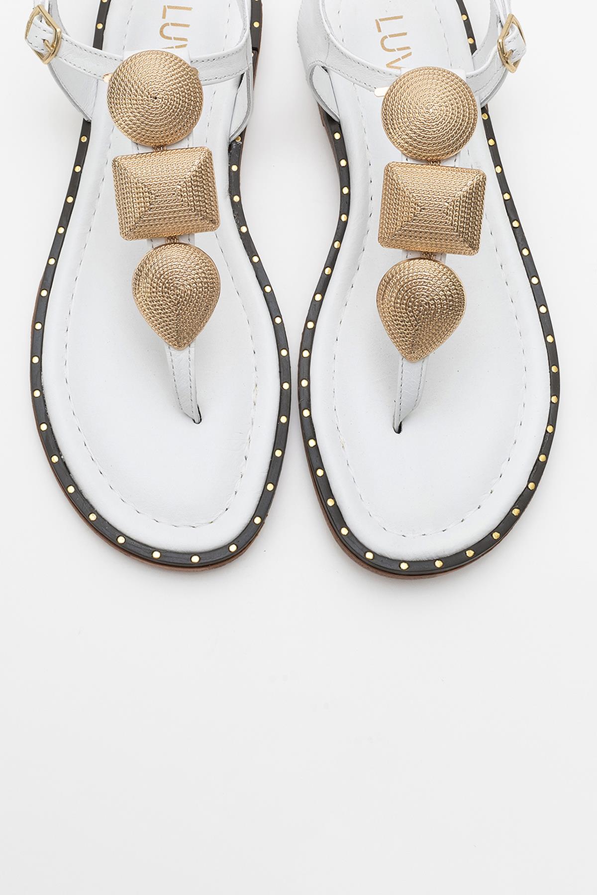 Giulia - White Leather Flat Sandal – side view showing leather, white, gold, Vowalisse