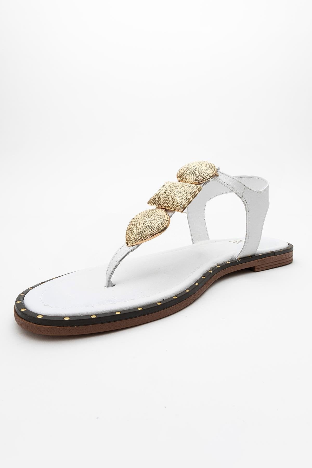 Giulia - White Leather Flat Sandal – detail view showing leather, white, gold, Vowalisse