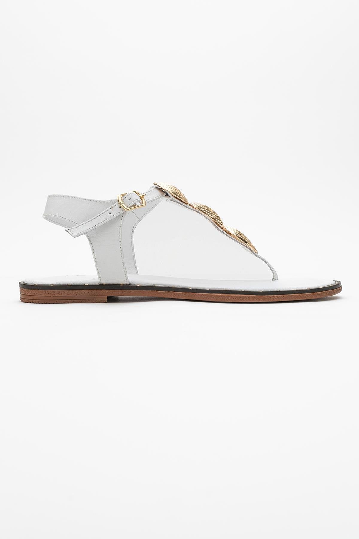 Giulia - White Leather Flat Sandal – heel view showing leather, white, gold, Vowalisse