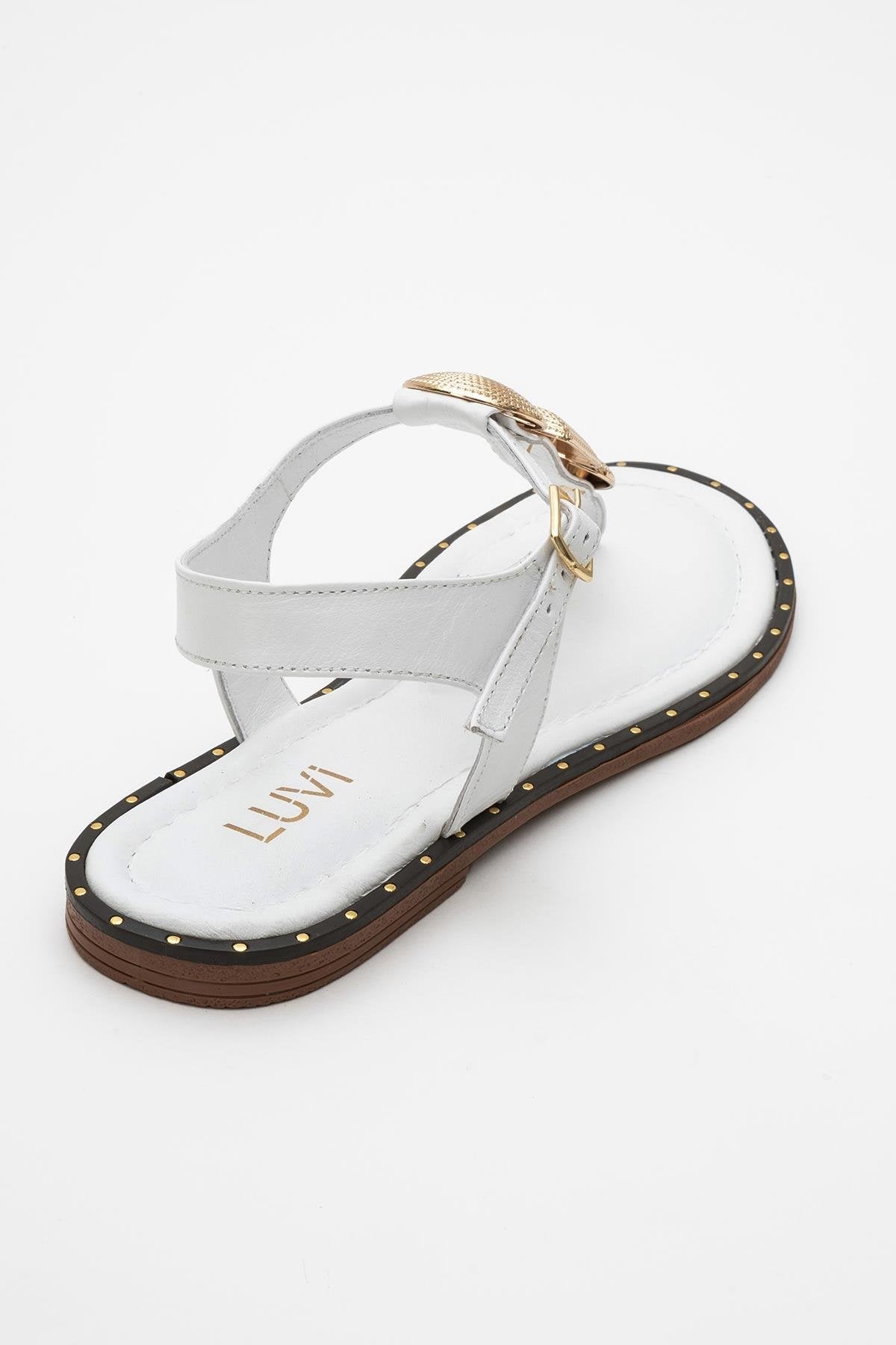 Giulia - White Leather Flat Sandal – back view showing leather, white, gold, Vowalisse