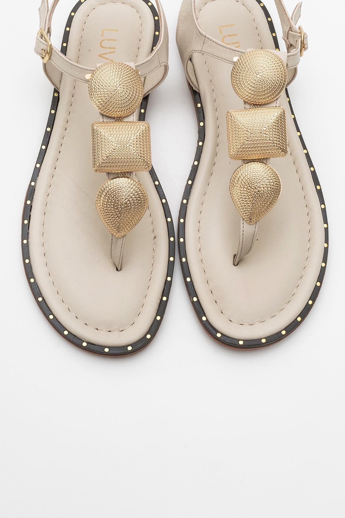 Giulia - Beige Leather Flat Sandal – side view showing leather, gold, Vowalisse