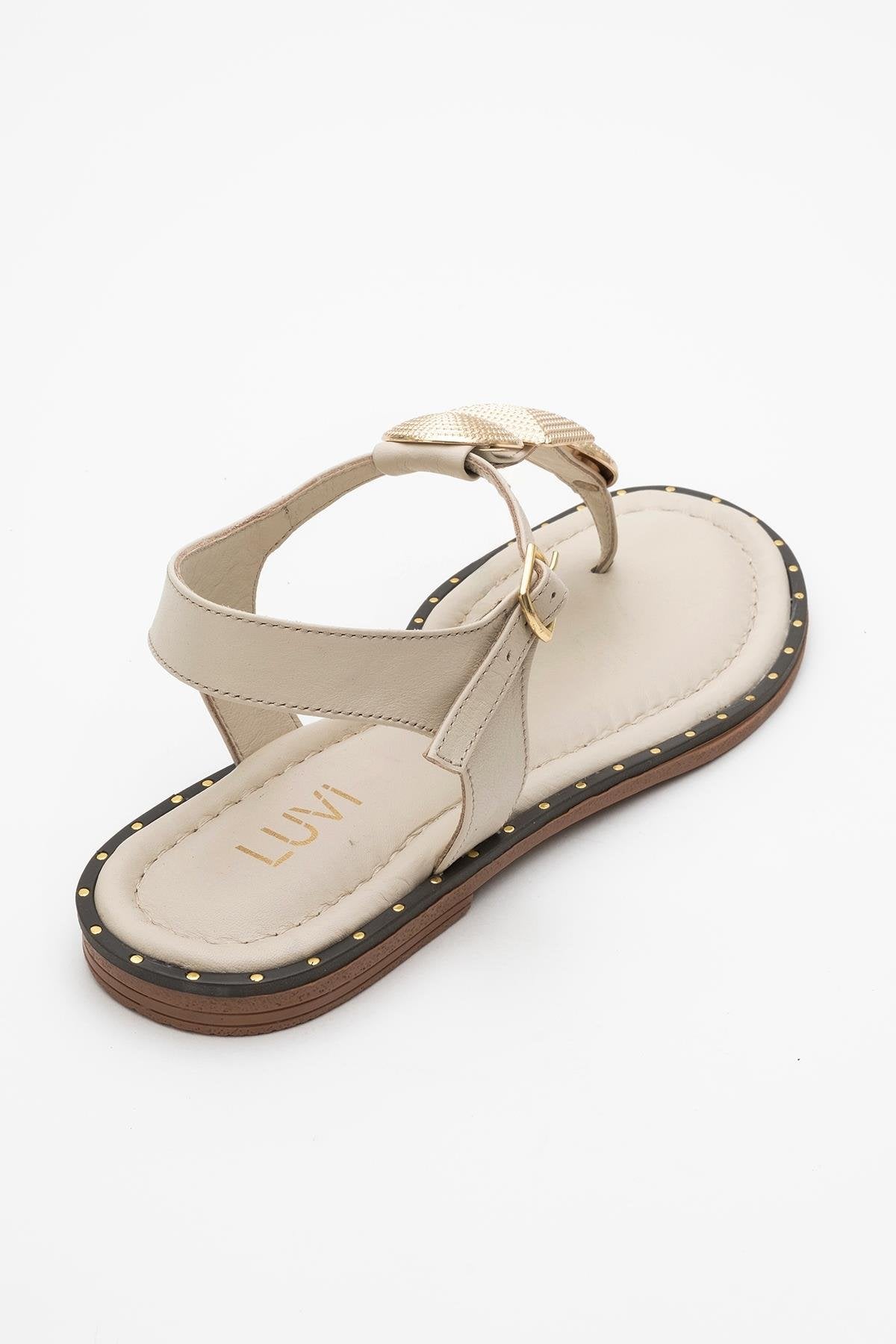 Giulia - Beige Leather Flat Sandal – heel view showing leather, gold, Vowalisse
