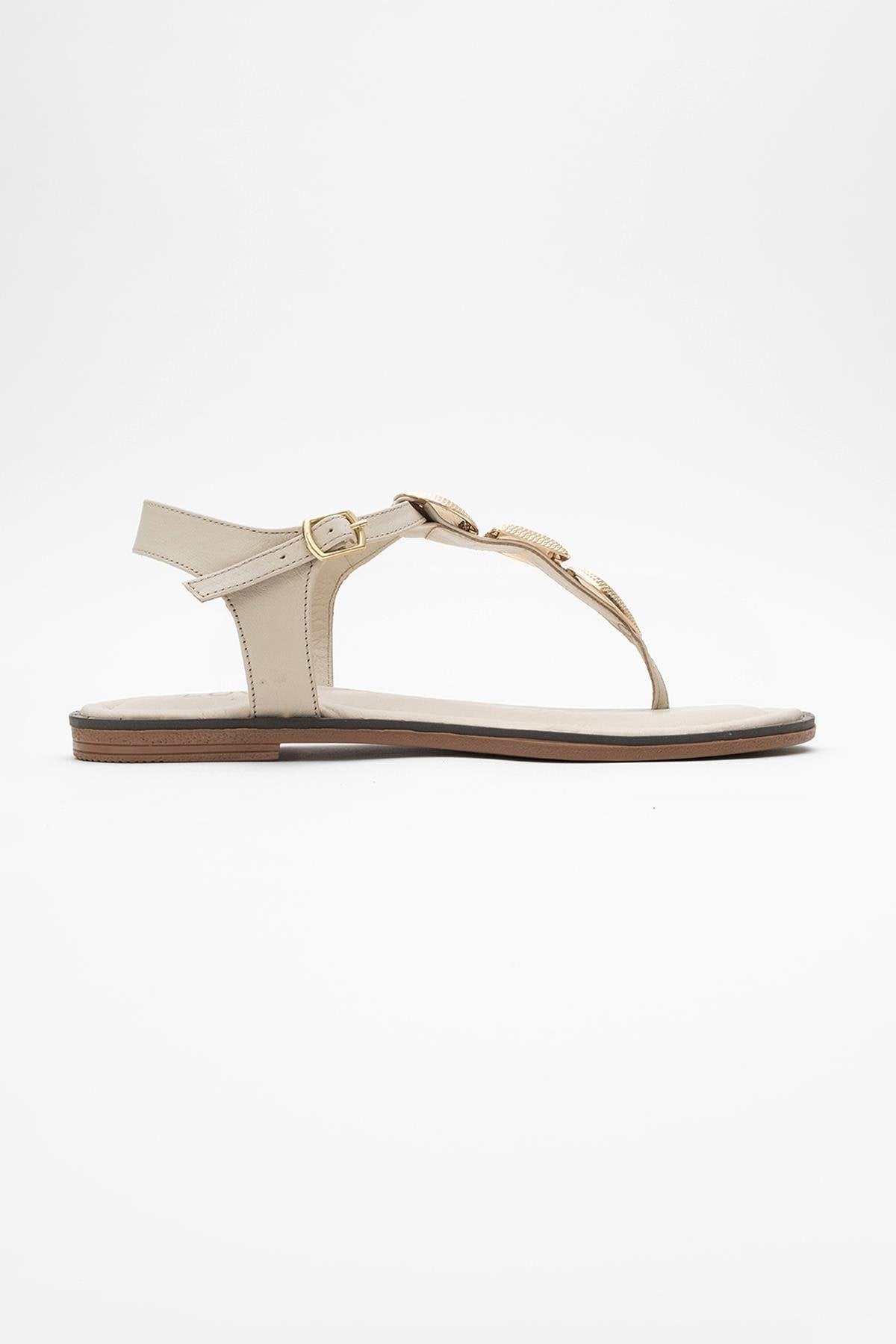 Giulia - Beige Leather Flat Sandal – back view showing leather, gold, Vowalisse