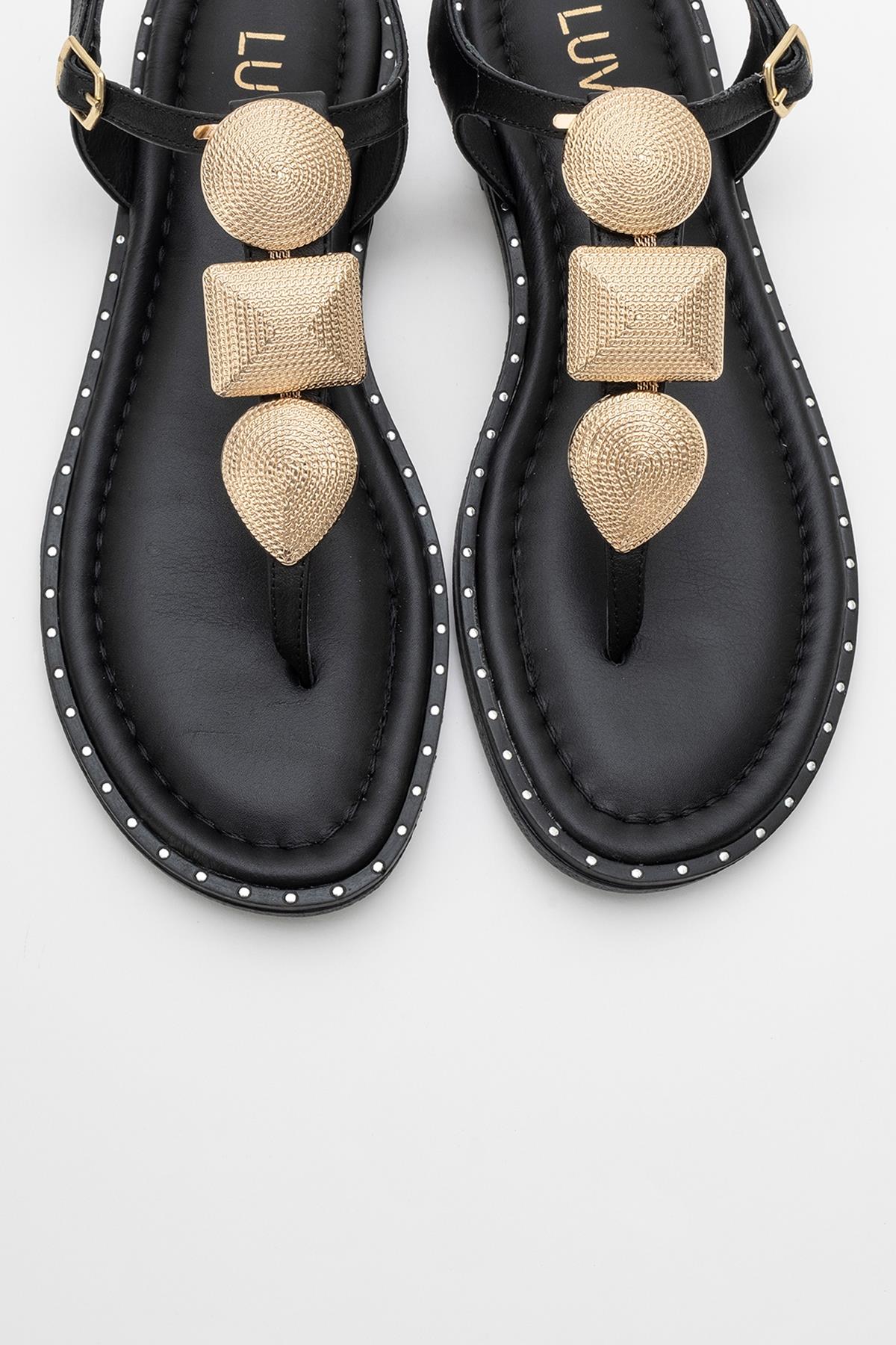 Giulia - Black Leather Flat Sandal – side view showing leather, black, gold, Vowalisse