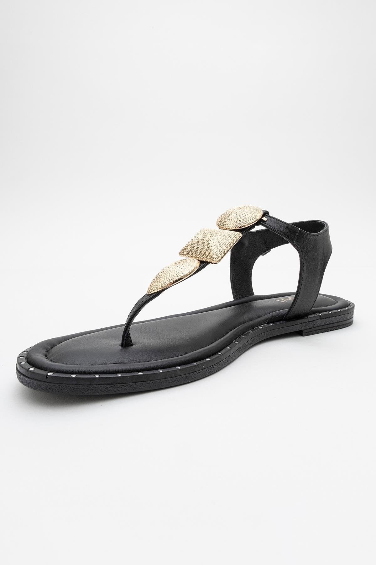 Giulia - Black Leather Flat Sandal – detail view showing leather, black, gold, Vowalisse