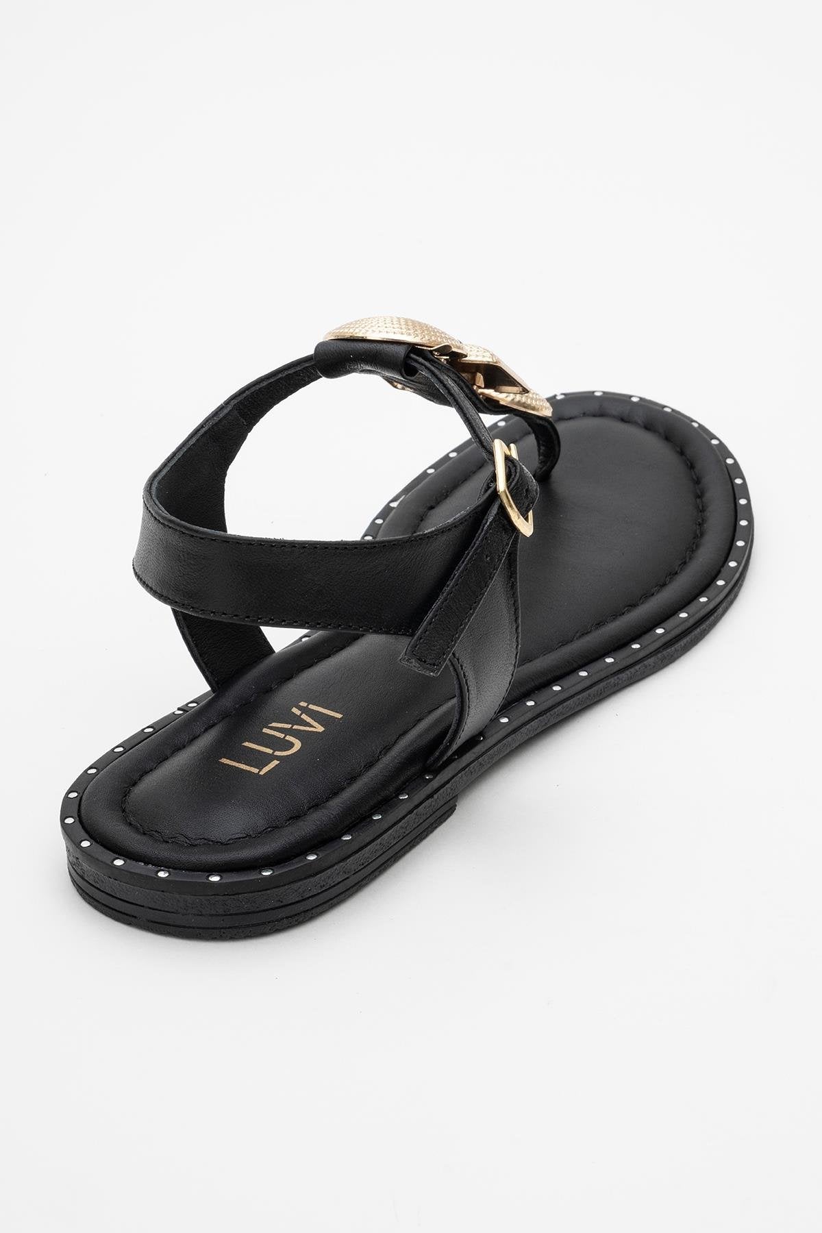 Giulia - Black Leather Flat Sandal – heel view showing leather, black, gold, Vowalisse