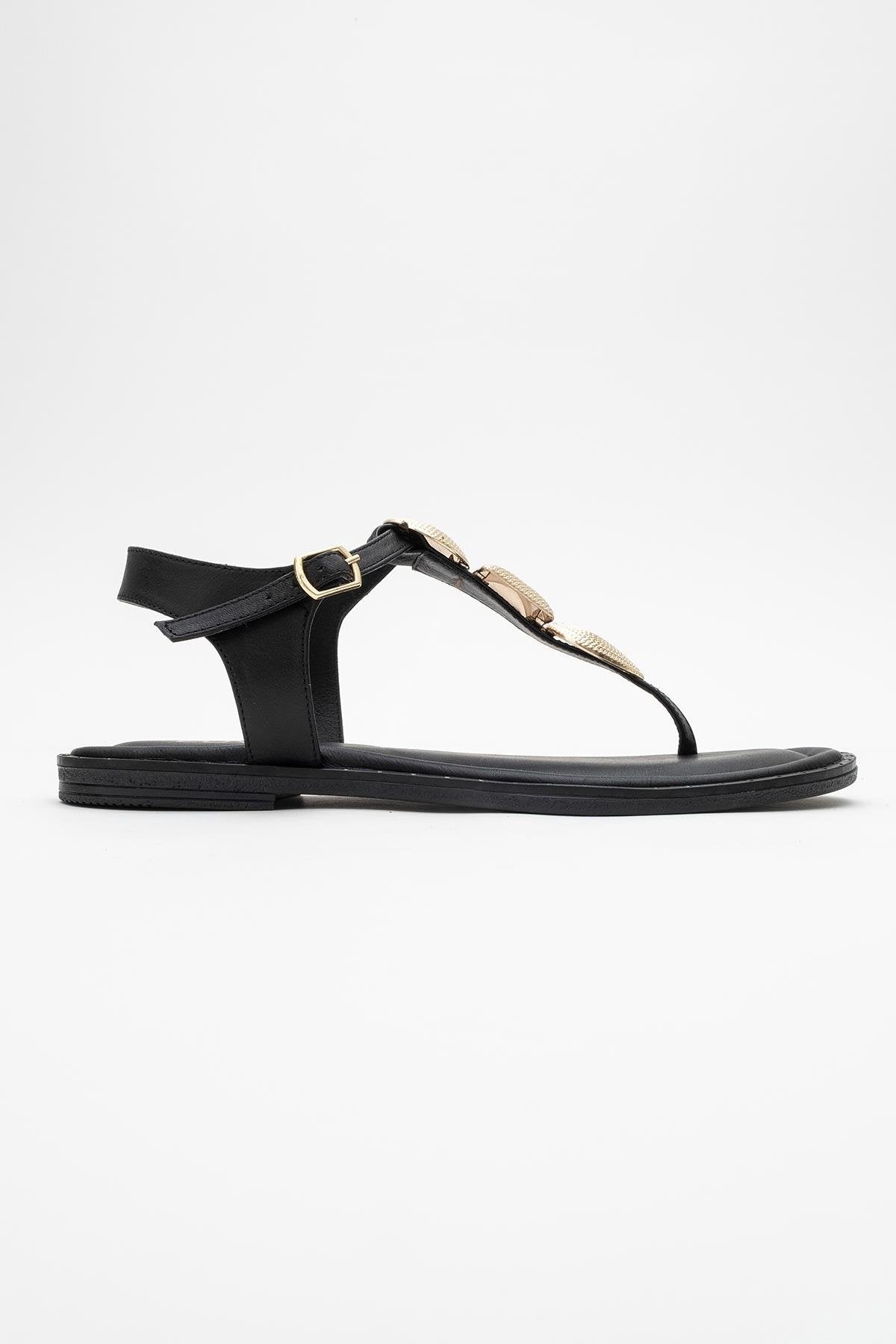 Giulia - Black Leather Flat Sandal – back view showing leather, black, gold, Vowalisse