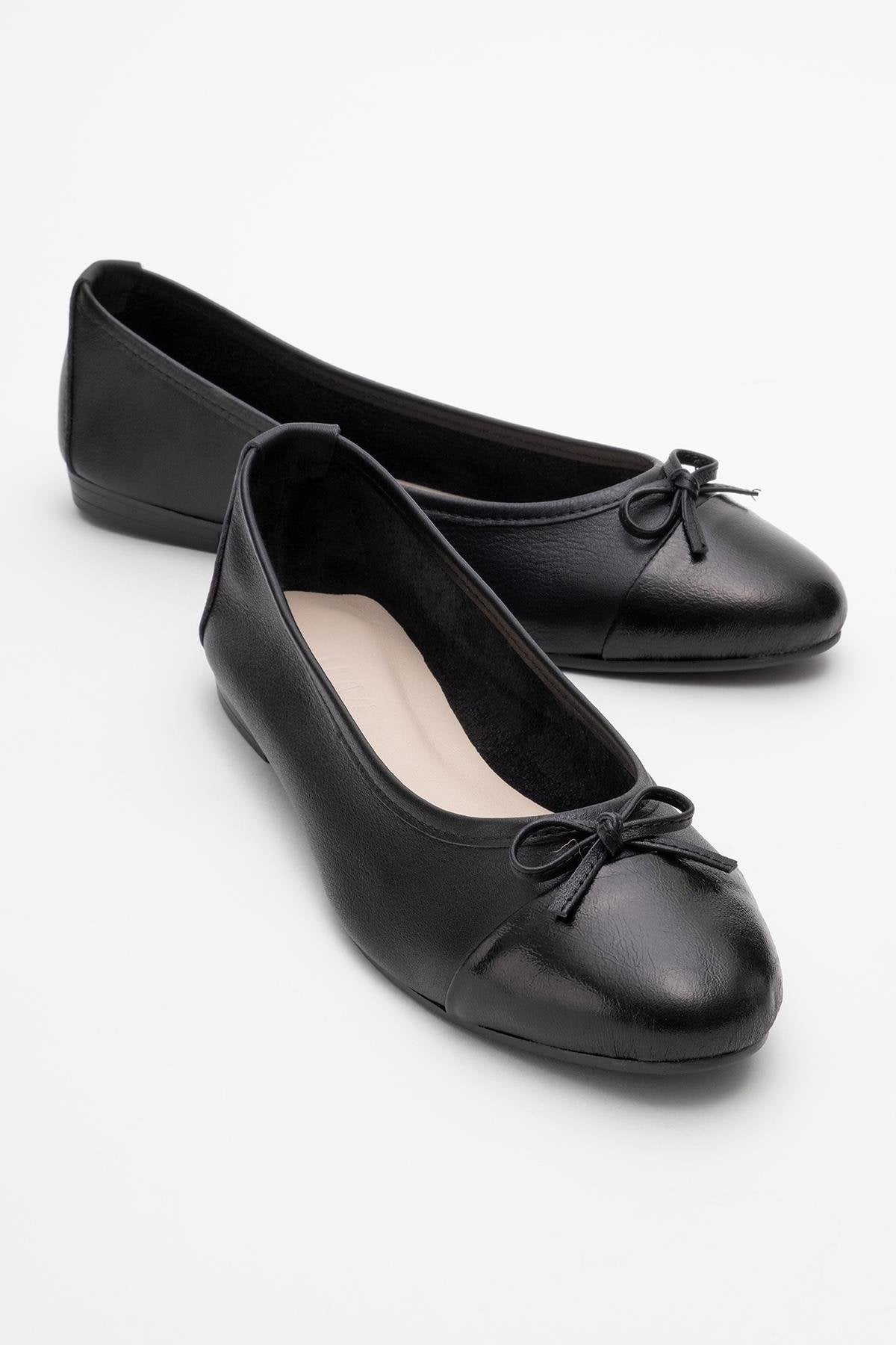 Jens - Black Toe Cap Leather Ballet Flats – front three-quarter view showing bow, leather, black, Vowalisse