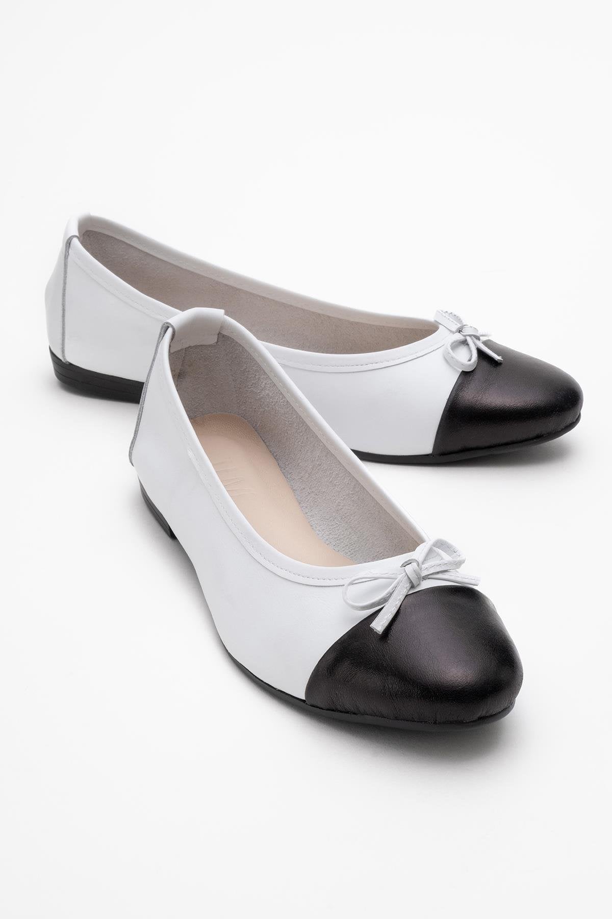 Jens - White Toe Cap Leather Ballet Flats – front three-quarter view showing bow, leather, white, Vowalisse
