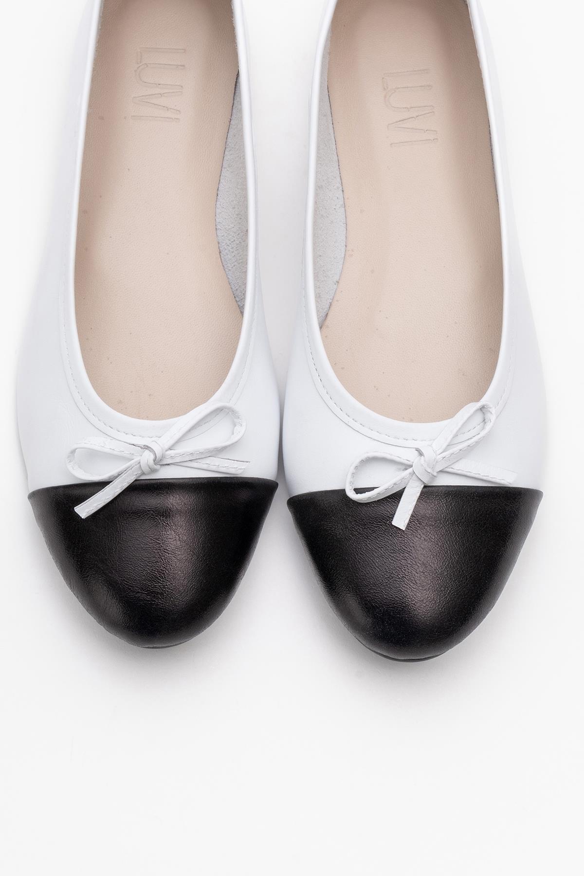 Jens - White Toe Cap Leather Ballet Flats – side view showing bow, leather, white, Vowalisse