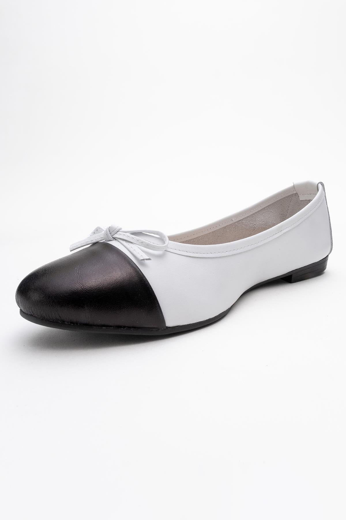 Jens - White Toe Cap Leather Ballet Flats – detail view showing bow, leather, white, Vowalisse