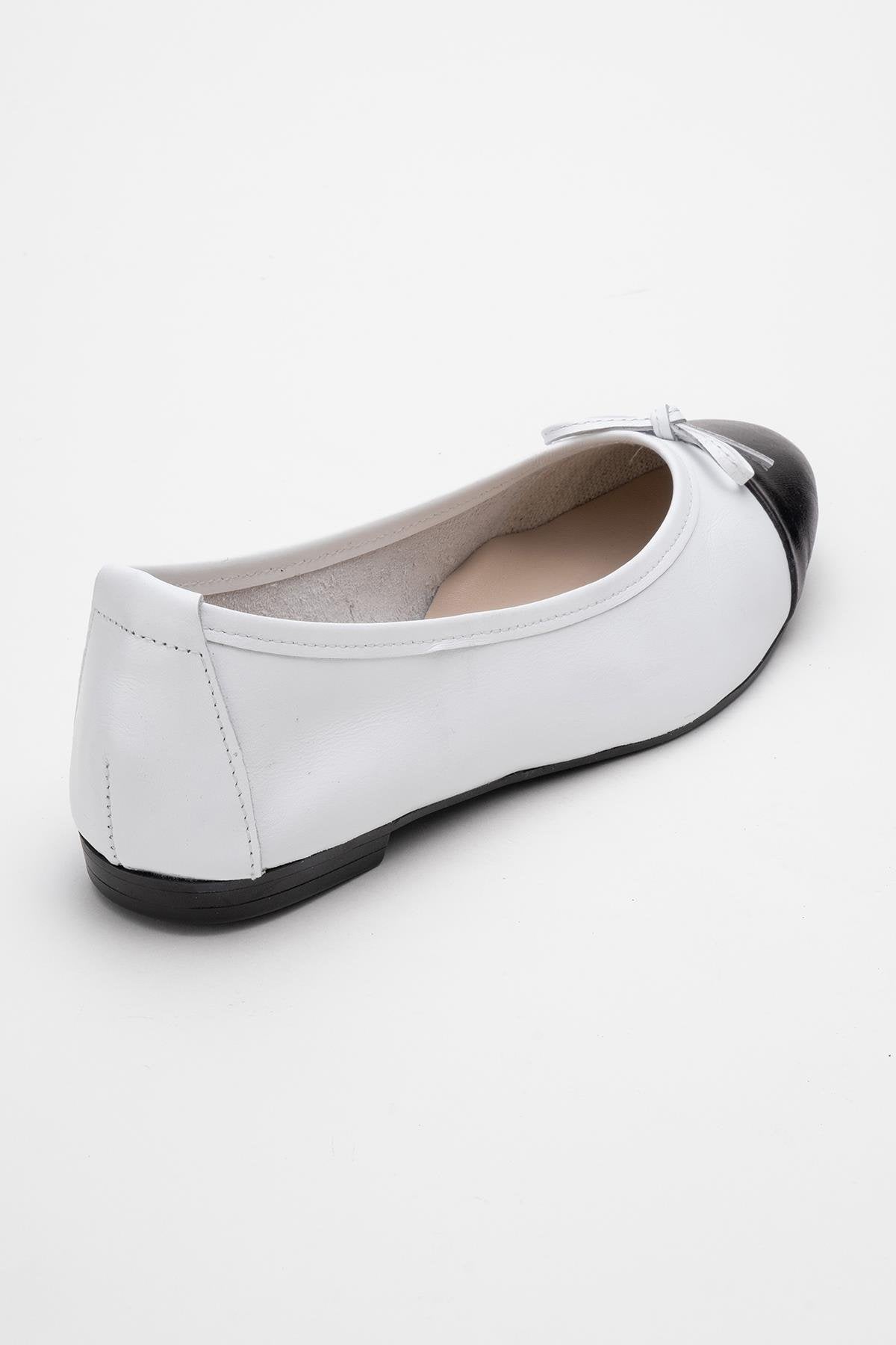 Jens - White Toe Cap Leather Ballet Flats – heel view showing bow, leather, white, Vowalisse