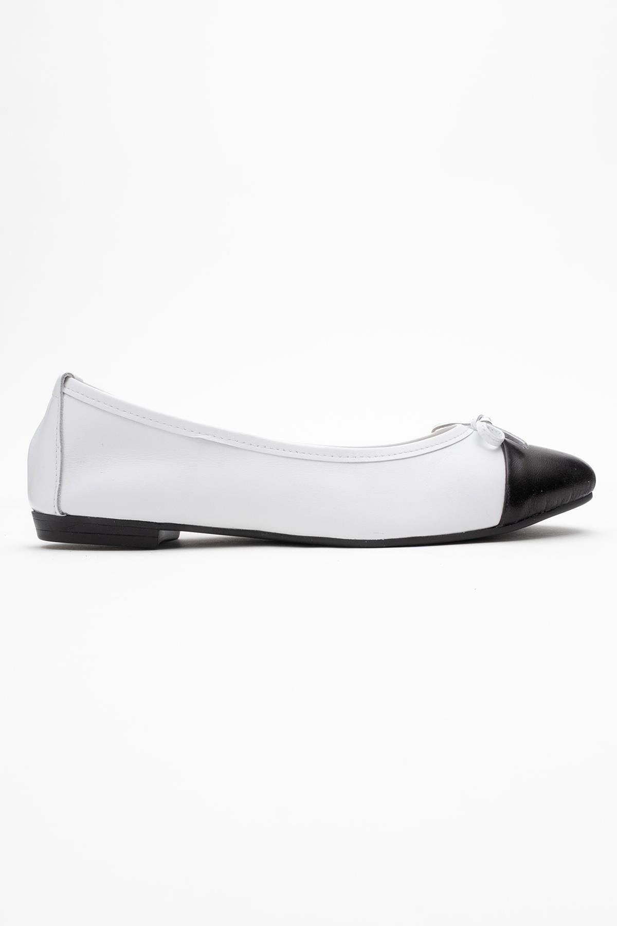 Jens - White Toe Cap Leather Ballet Flats – back view showing bow, leather, white, Vowalisse