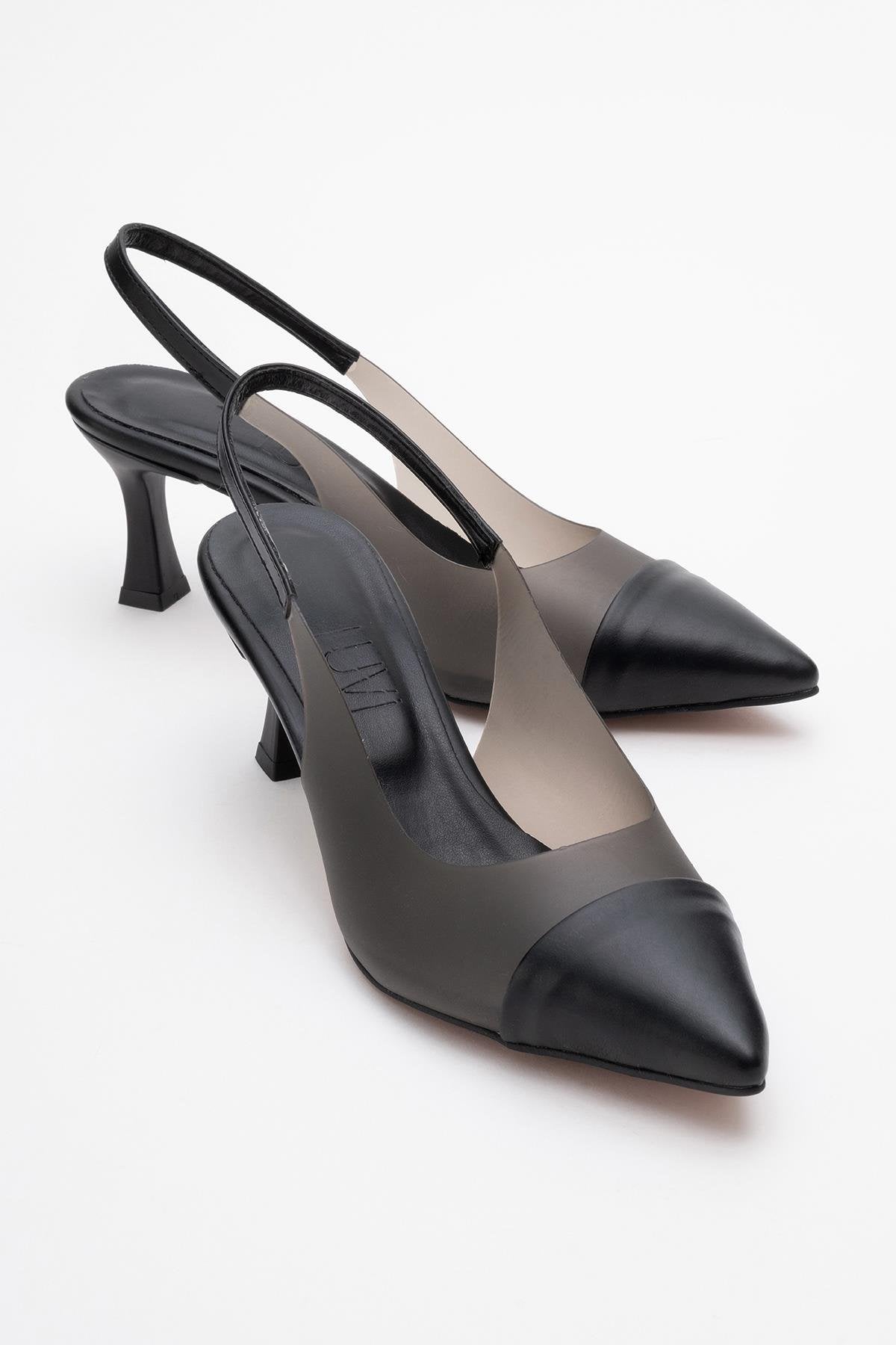 Moore - Black Transparent Open Back Pointed Toe Pump – front three-quarter view showing leather, black, Vowalisse