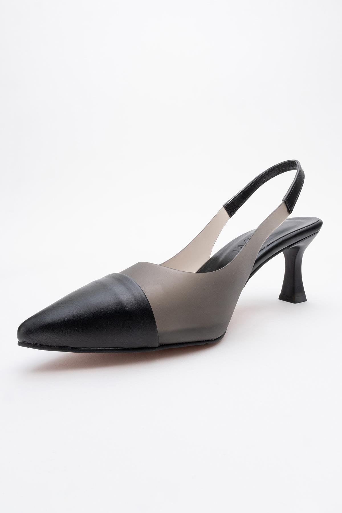 Moore - Black Transparent Open Back Pointed Toe Pump – detail view showing leather, black, Vowalisse